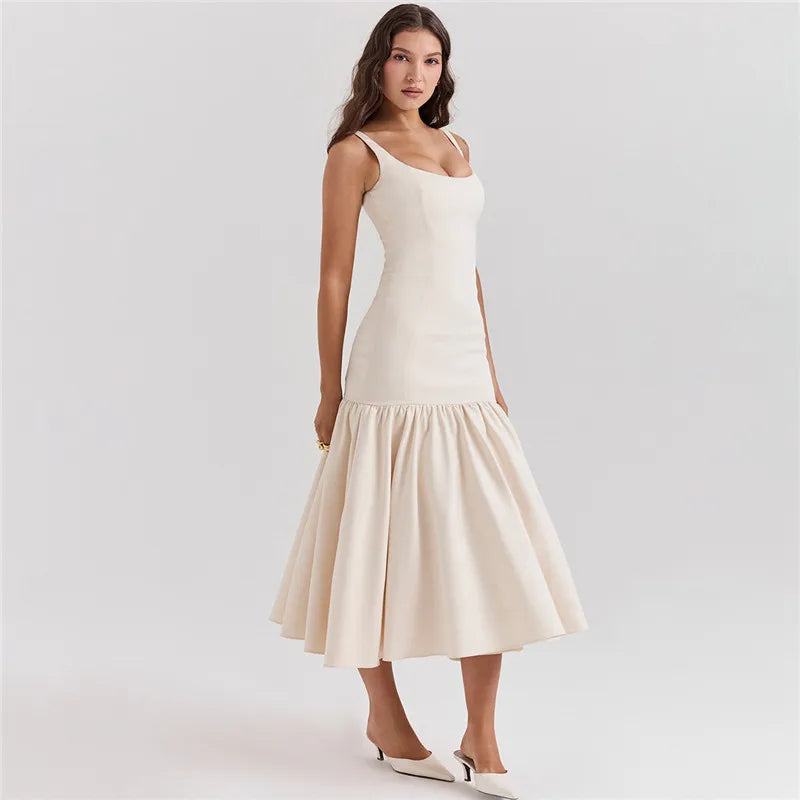 Elegant Backless Maxi Fishtail Dress for Women - Square Collar Sleeveless Loose Pleated Long Gown | Perfect for Evening Parties, Weddings & Special Occasions
