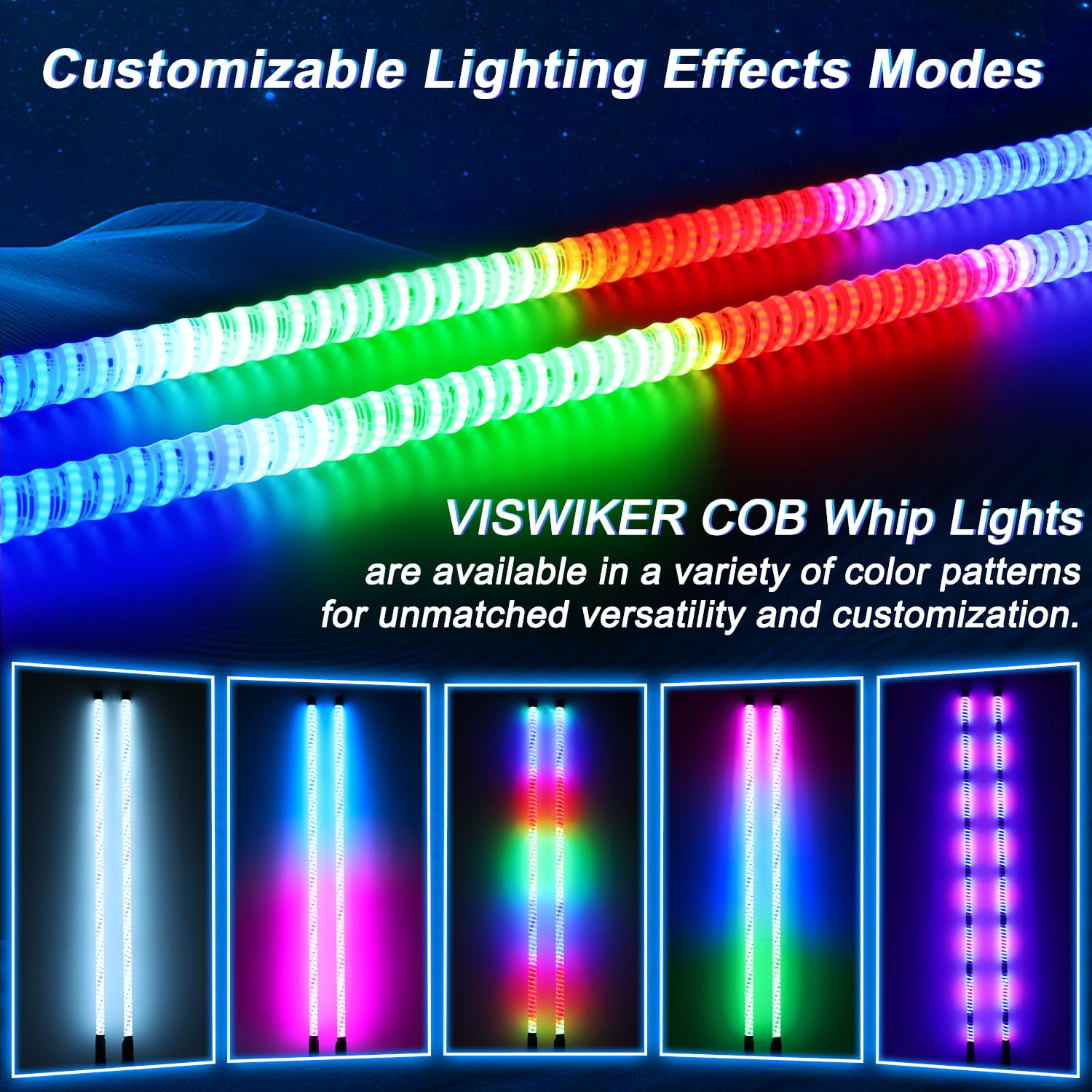 2PCS 4FT Upgraded COB LED Whip Lights - 16 Color Modes, Bend & Weather Resistant for ATV/UTV, Polaris RZR, Can-Am - Perfect for Off-Road Adventures, Night Riding & Outdoor Camping