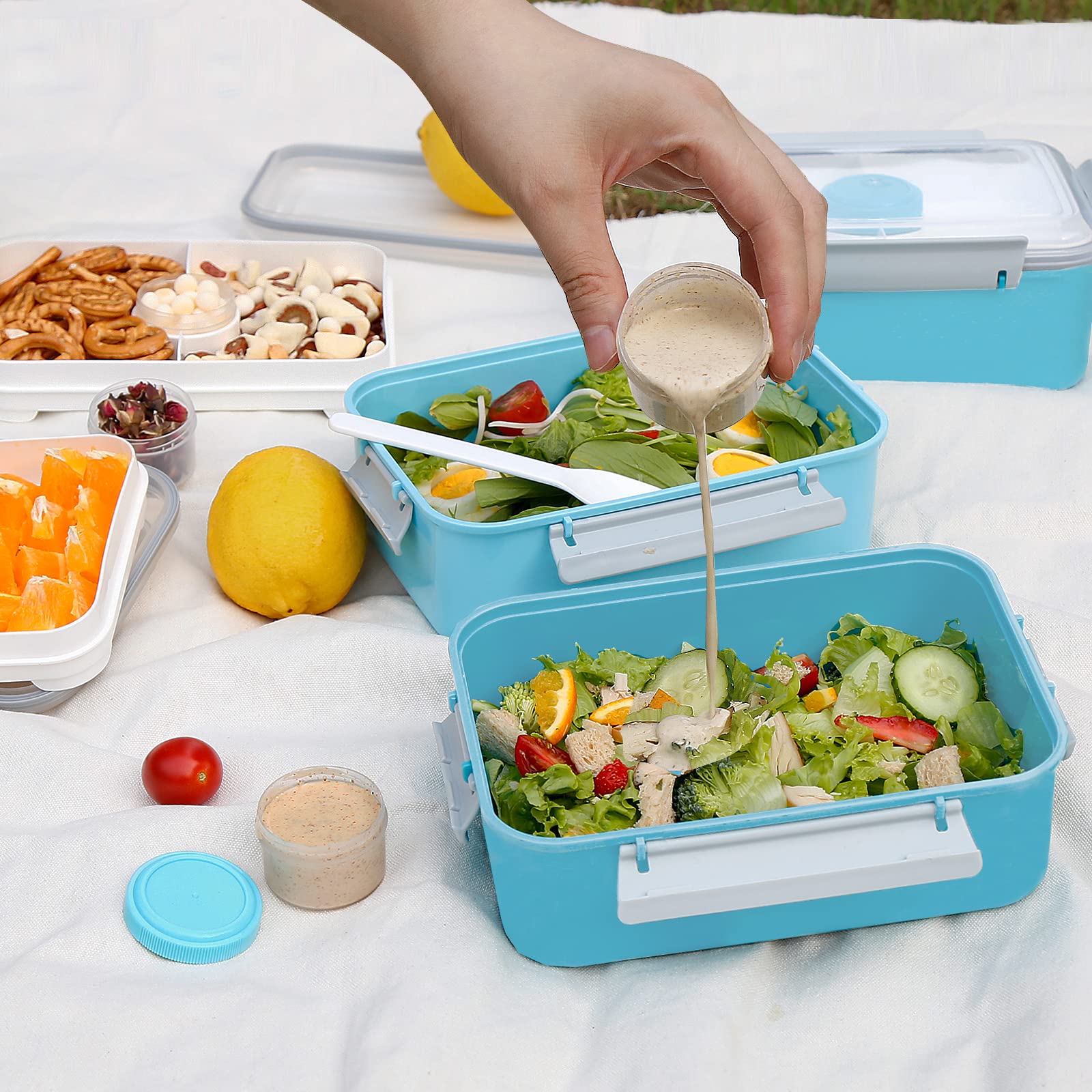 3 Pack 47oz Bento Box Salad Containers - Reusable Microwave Safe Food Storage Containers with Lids, Removable Tray & Dressing Pots for Meal Prep - Perfect for Kids Lunch Boxes, Office Meals & Picnic Food Storage