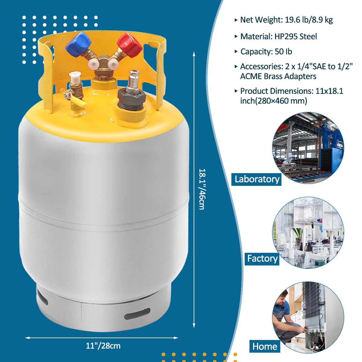 30lb Universal Refrigerant Recovery Tank with Float Switch - Heavy Duty Steel Cylinder for HVAC R22 R410A R134a - Reusable for All Refrigerants - Ideal for AC Repair & Maintenance Professionals