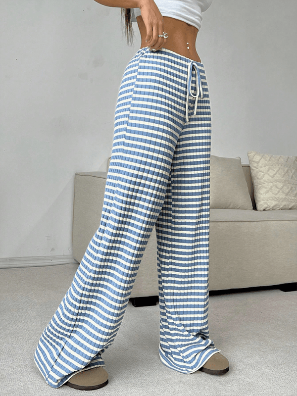 Women's Casual Striped Drawstring Straight Leg Pants with Elastic Waist - Comfortable Lounge & Travel Pants for Everyday Wear