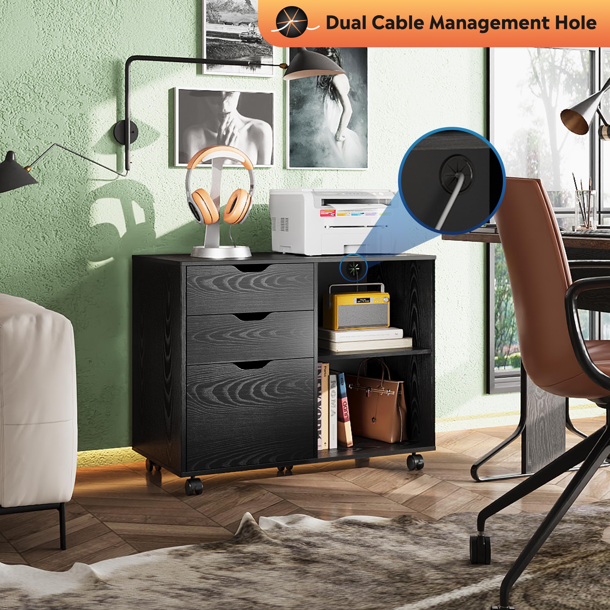 DEVAISE 3-Drawer Wood File Cabinet - Mobile Lateral Office Organizer with Open Storage Shelves & Printer Stand for Home Office - Black - Perfect for Document Storage & Workspace Organization
