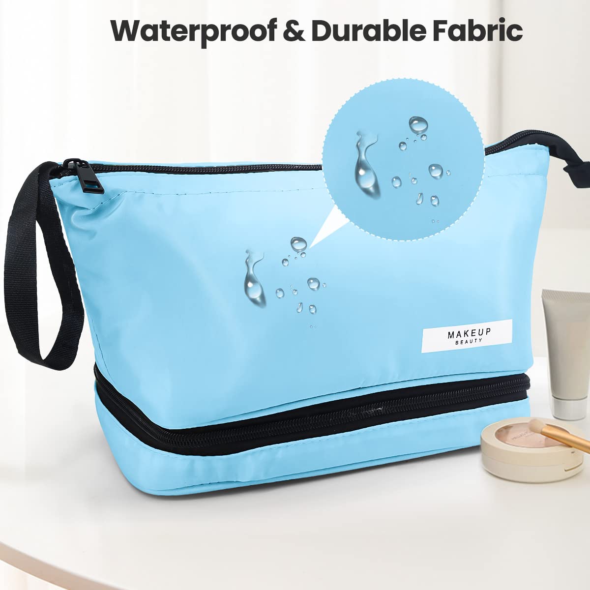 Aucenix Large Capacity Makeup Bag Organizer for Women & Men - Double Layer Travel Cosmetic Case with Zipper, Perfect for Toiletries & Makeup Storage (Blue) | Ideal for Travel, Gym, Daily Use & Cosmetics Organization