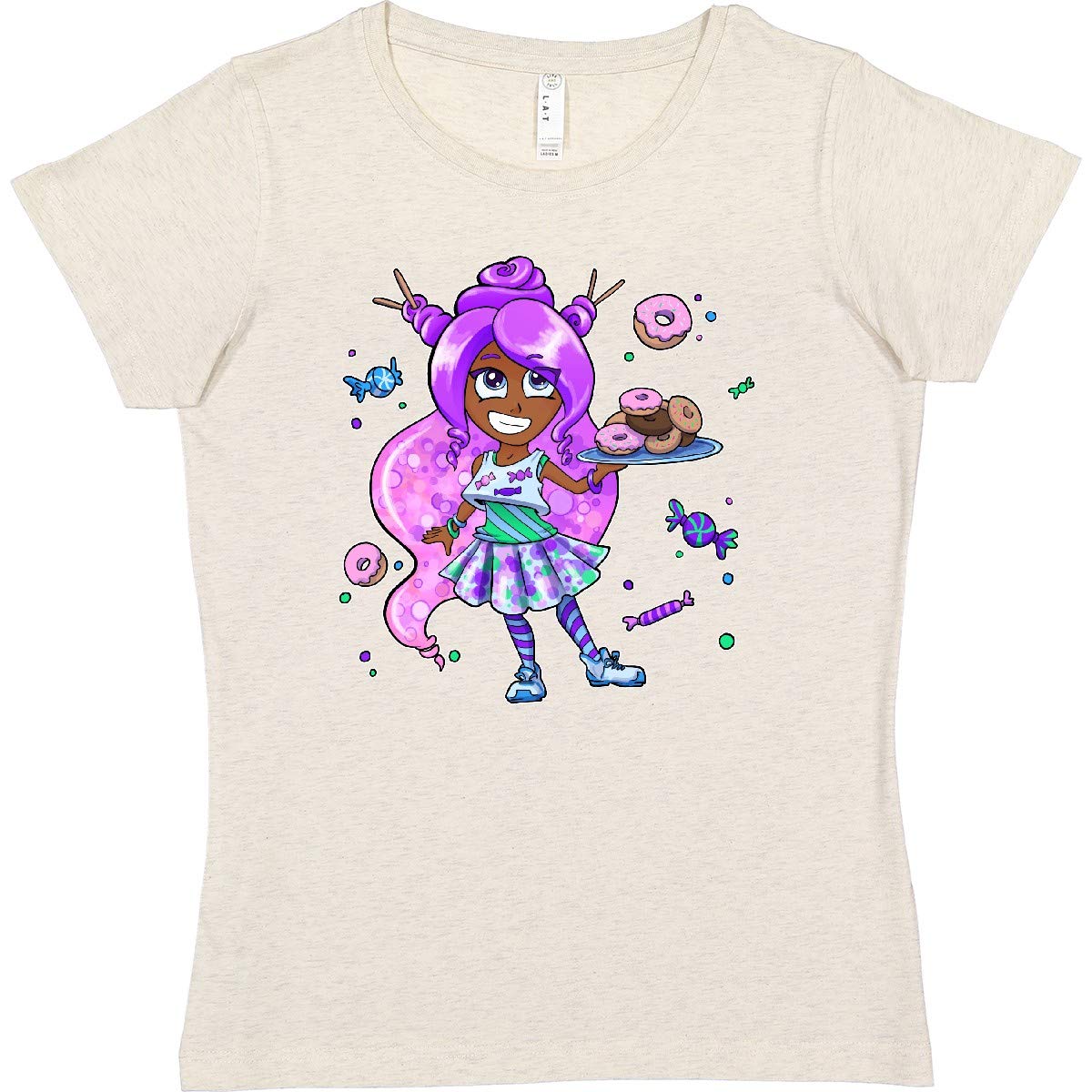 Inktastic Women's T-Shirt - Purple Hair Girl with Donuts & Candy Design | Cute Graphic Tee for Casual Wear, Parties & Gifts