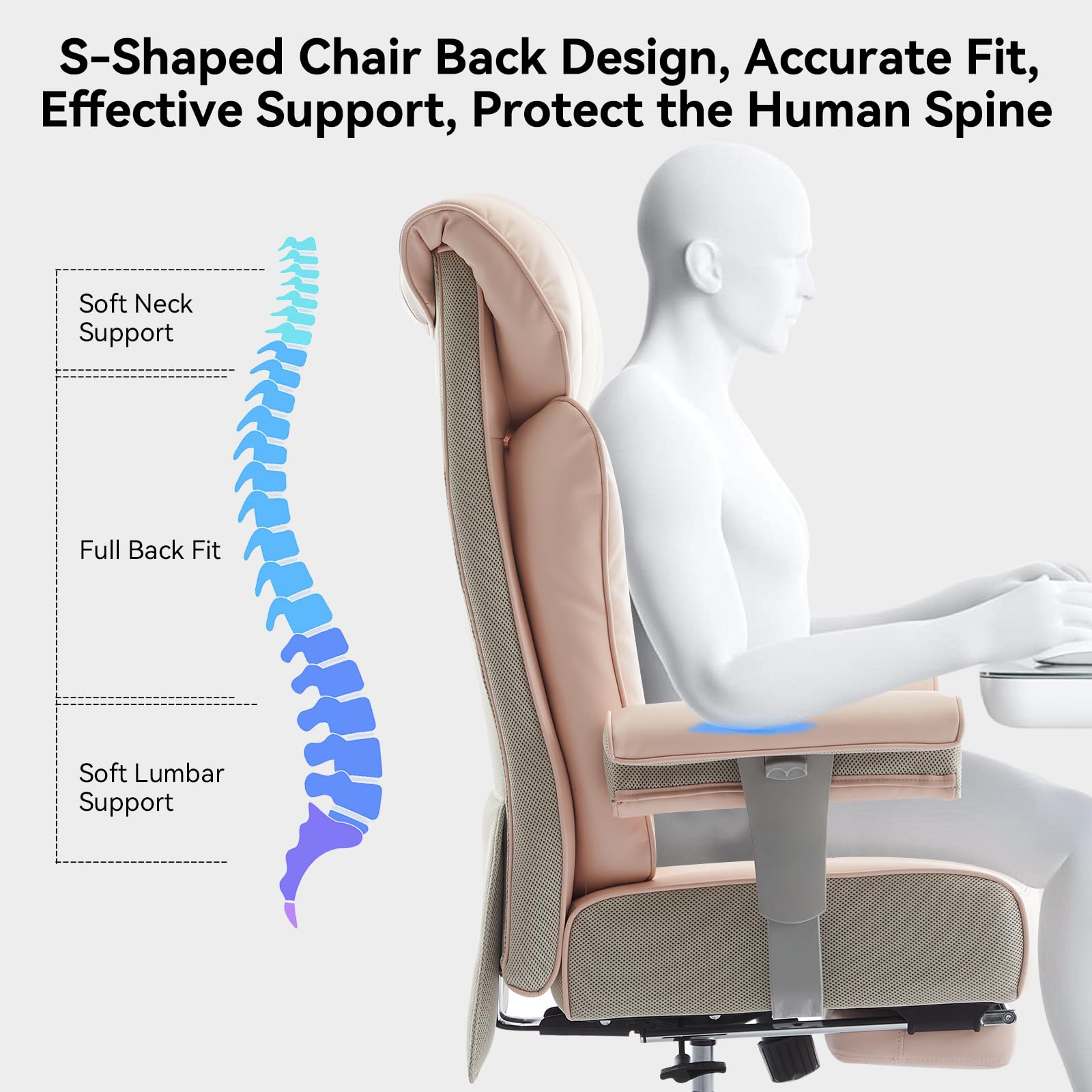 Efomao Big and Tall Office Chair 450lbs - Heavy Duty Ergonomic Executive Computer Chair with Footrest & High Back - Premium PU Leather Pink Office Chair for Home & Office Workspaces