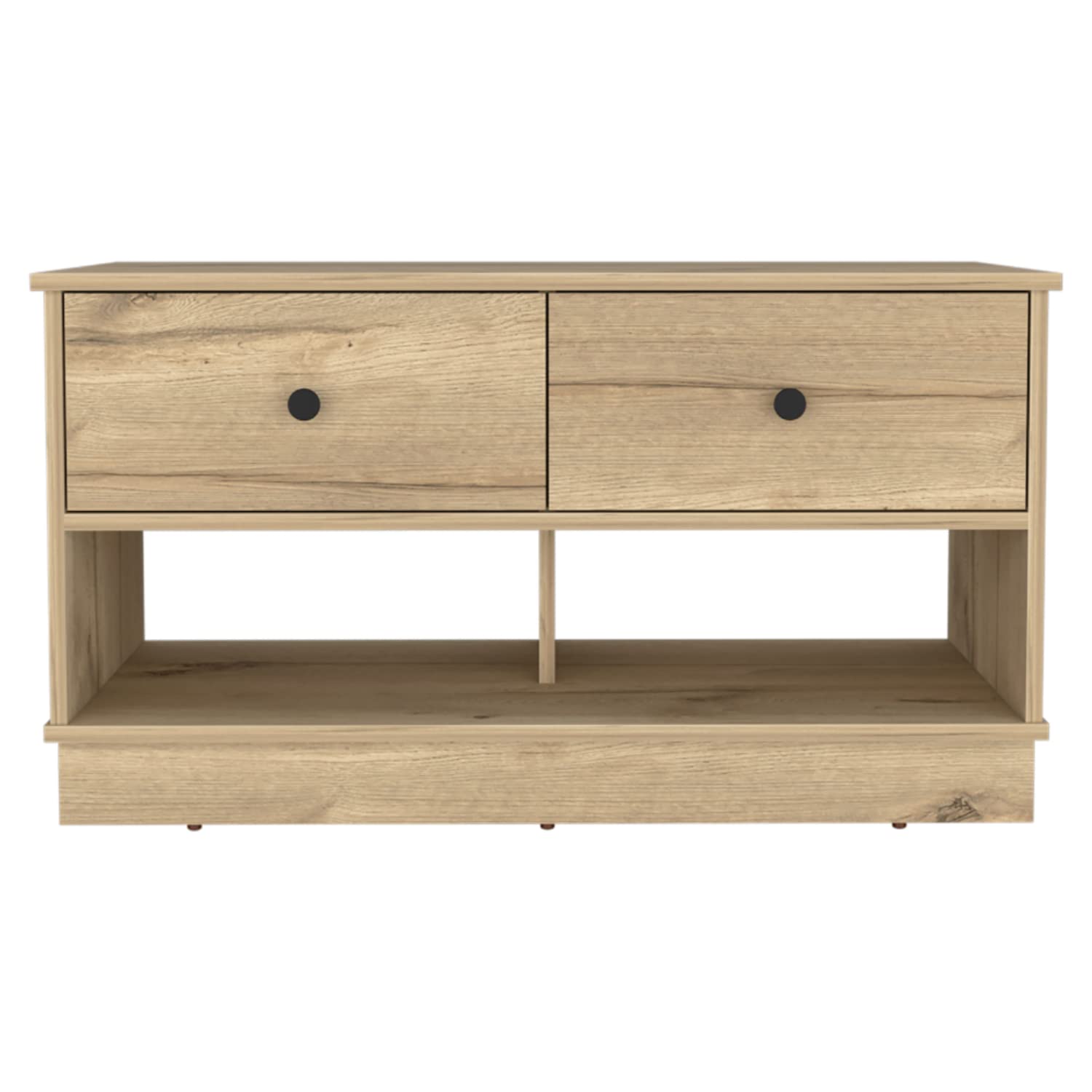 Uranus Storage Bench with 2 Drawers & 2 Open Shelves - Light Oak Wooden Entryway Bench for Hallway, Bedroom, or Living Room Organization