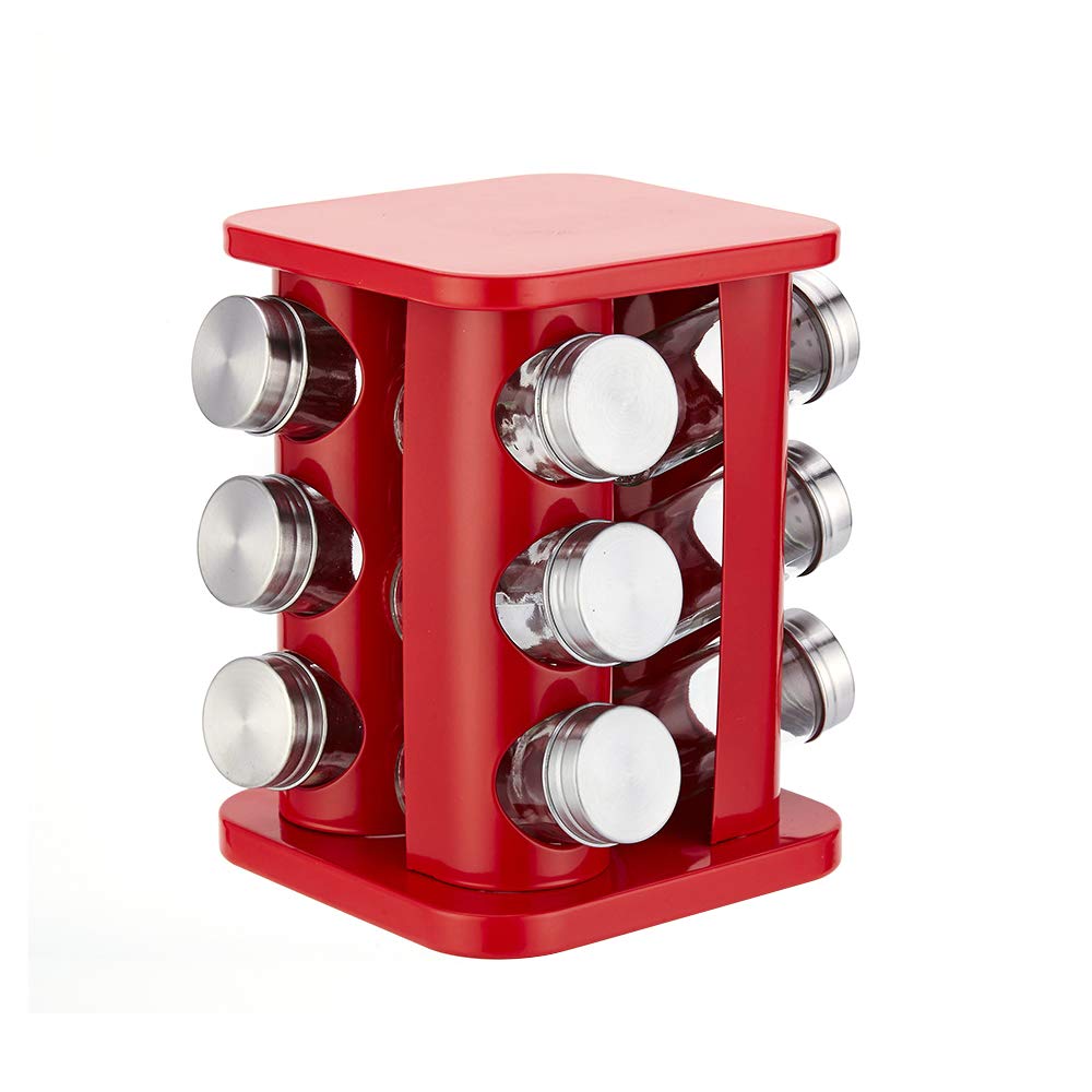 TINMIX 12-Jar Revolving Spice Rack Organizer - Stainless Steel Countertop Spice Tower with Refillable Glass Jars for Kitchen Cabinet Storage (Red) - Perfect for Cooking, Baking & Organizing Spices