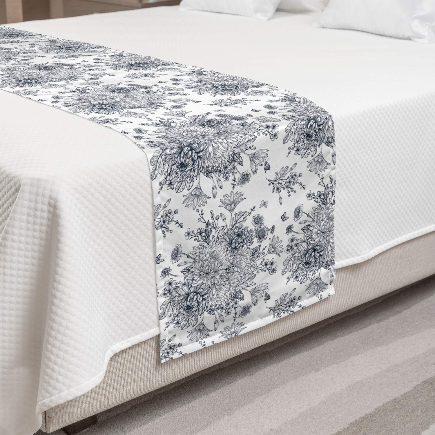 Ambesonne Vintage Botanical Bed Runner - Floral Bouquet & Leaf Design on Plain Background - Decorative Bed Scarf for Home, Hotel & Guest Room Decor - Dark Slate Blue & White - Perfect for Master Bedrooms, B&B Stays and Wedding Decor