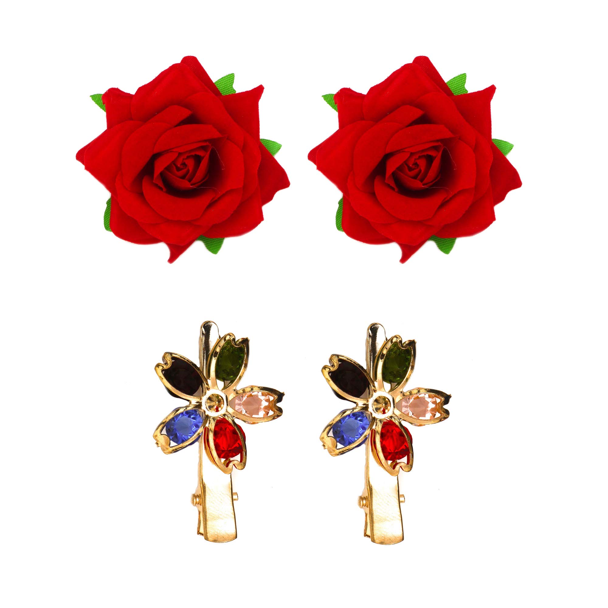 Paradise® Women's Floral Hair Clips Set - 2 Red Flower & 2 Multicolor Tic-Tac Hairpins for Girls, Teens & Kids | Perfect for Weddings, Parties & Everyday Wear