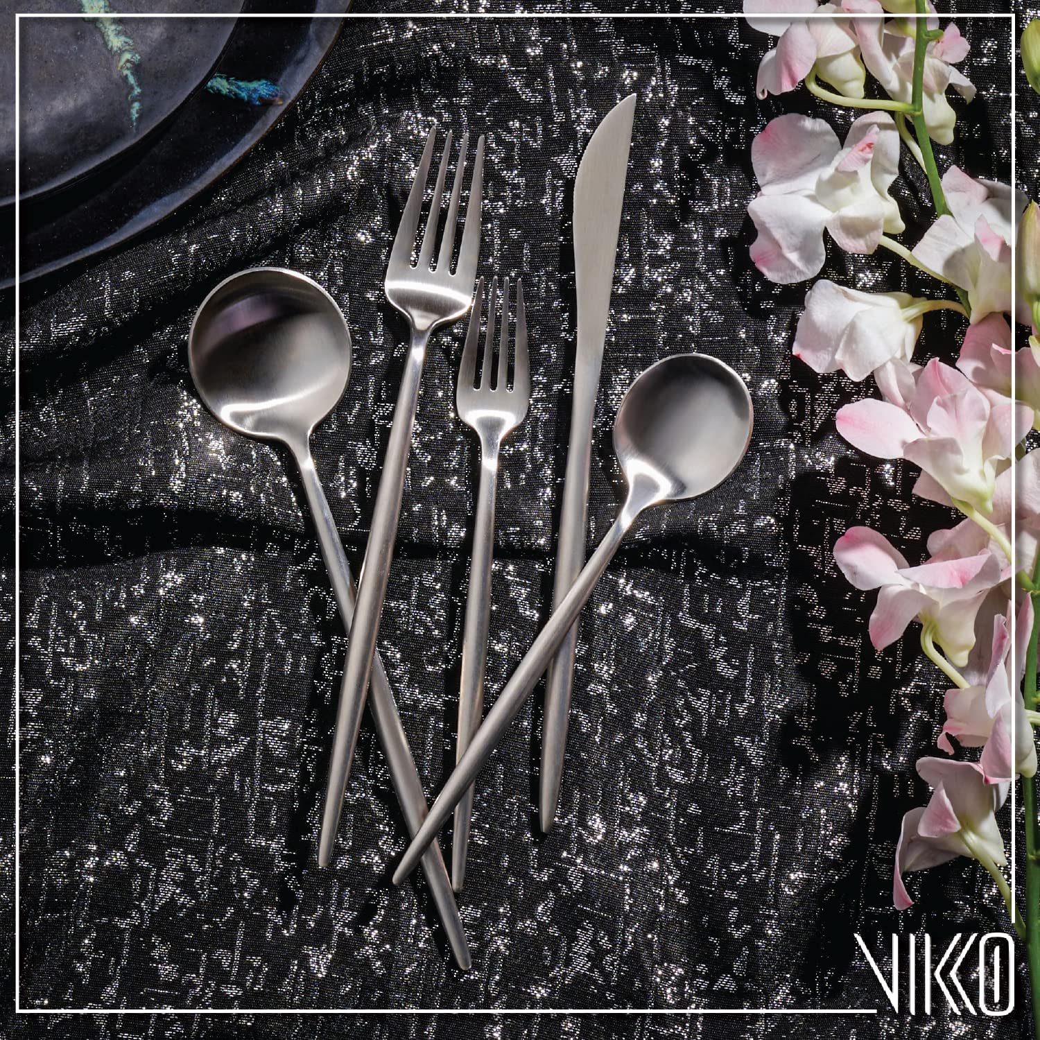 Premium 18/10 Stainless Steel Flatware Set - 20-Piece Brushed Silver Silverware for 4 - Modern Matte Cutlery Set with Long Handles for Fine Dining, Weddings & Dinner Parties - Vikko Decor Elegant Tableware