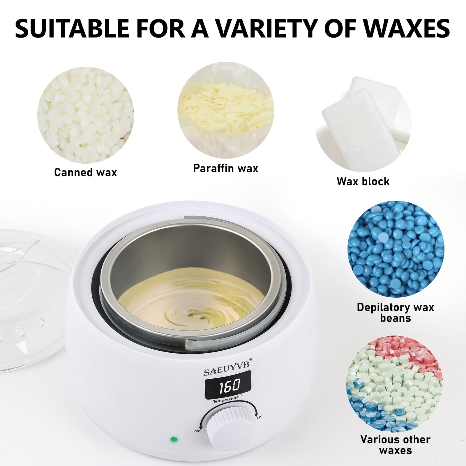 Professional SAEUYVB Digital Hair Removal Wax Warmer with Through Lid & 16oz Pot - White for Salon & Home Use - Perfect for Legs, Arms, Bikini & Facial Waxing