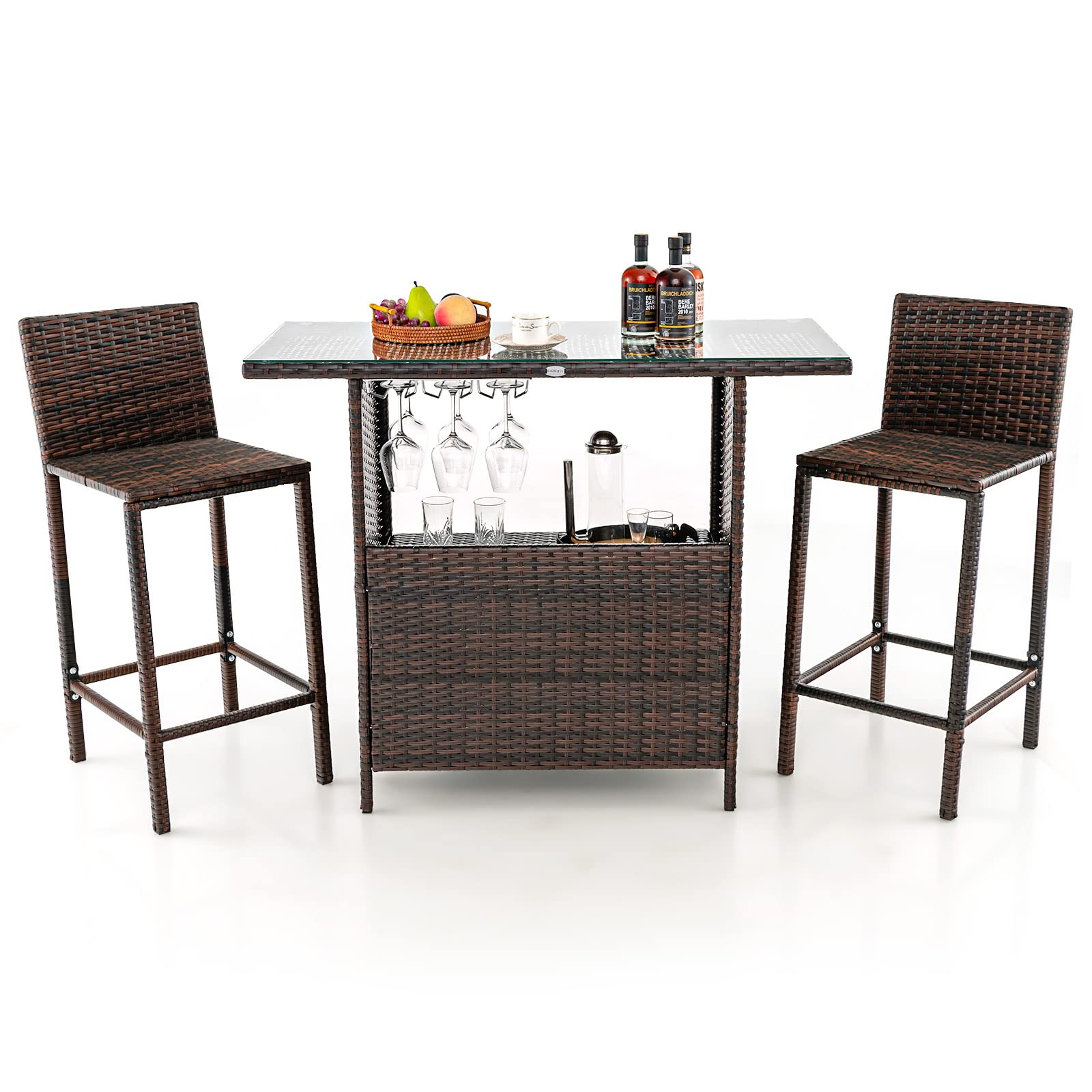 **Tangkula 3-Piece Outdoor Bar Set - Wicker Patio Bar Table & 2 Stools with Stemware Racks, Hidden Storage & Tempered Glass Top - Perfect for Backyard, Poolside, Garden (Mix Brown)**
