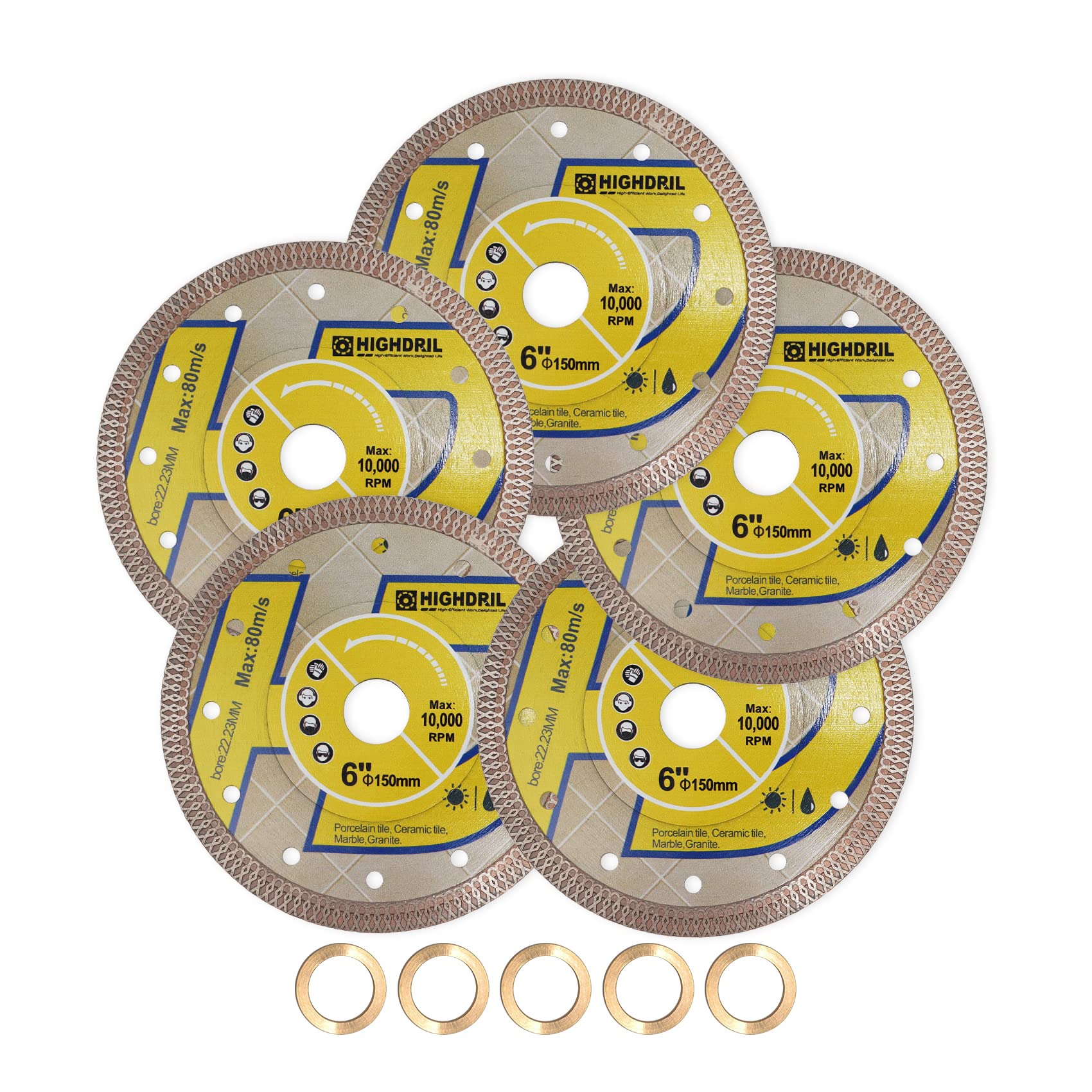 5-Pack 6 Inch Diamond Saw Blades for Tile, Porcelain, Ceramic, Granite & Marble - Dry or Wet Cutting Turbo X Mesh Circular Saw Blades | Perfect for Home Renovation, DIY Projects & Professional Construction Work