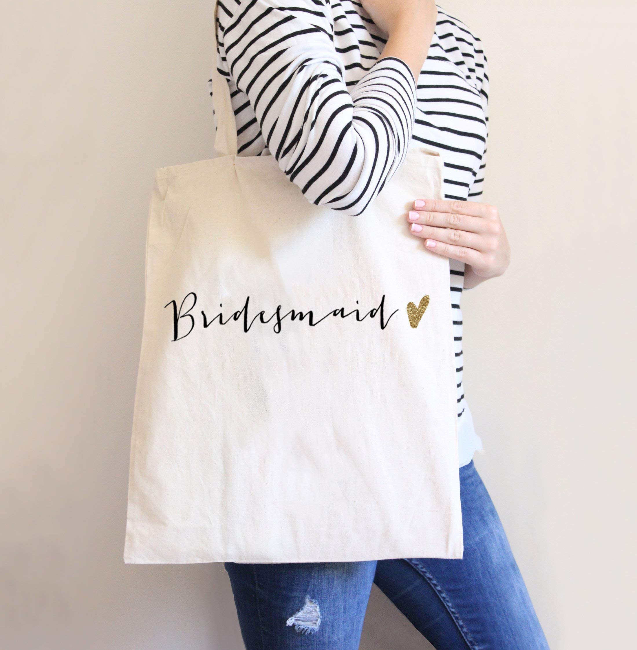 Elegant Bridal Party Wedding Tote Bags for Bride and Bridesmaids - Black with Gold Glitter & Striped Ribbon - Premium Canvas Cotton Gift Bag - Perfect for Wedding Day Essentials, Bridal Shower Gifts, and Bachelorette Party Favors