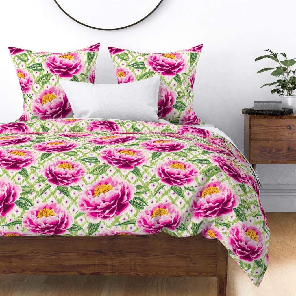 Luxury Cotton Sateen Duvet Cover King/California King Size - Vibrant Peony Floral Design in Lime Pink & Green, Hand-Drawn Botanical Print Bedding Set | Perfect for Master Bedroom, Guest Room & Bohemian Home Decor