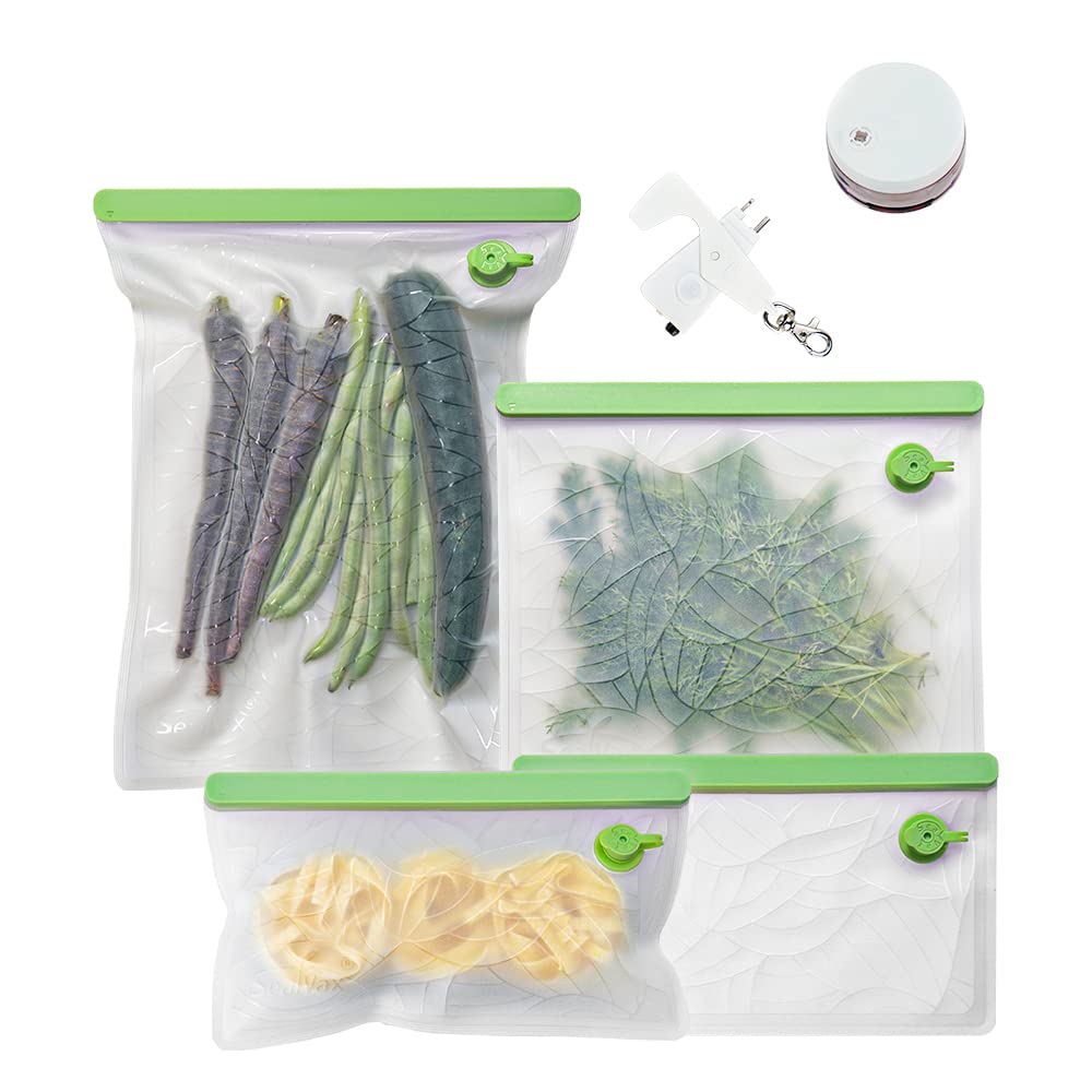 SealVax Handheld Vacuum Sealer Bags - 4 Pack BPA Free, Leakproof & Reusable Food Storage Bags for Sous Vide, Meal Prep, Freezing & Marinating | Perfect for Fruits, Vegetables, Sandwiches, Snacks & Fresh Food Preservation | Kitchen, Camping & Travel Essentials