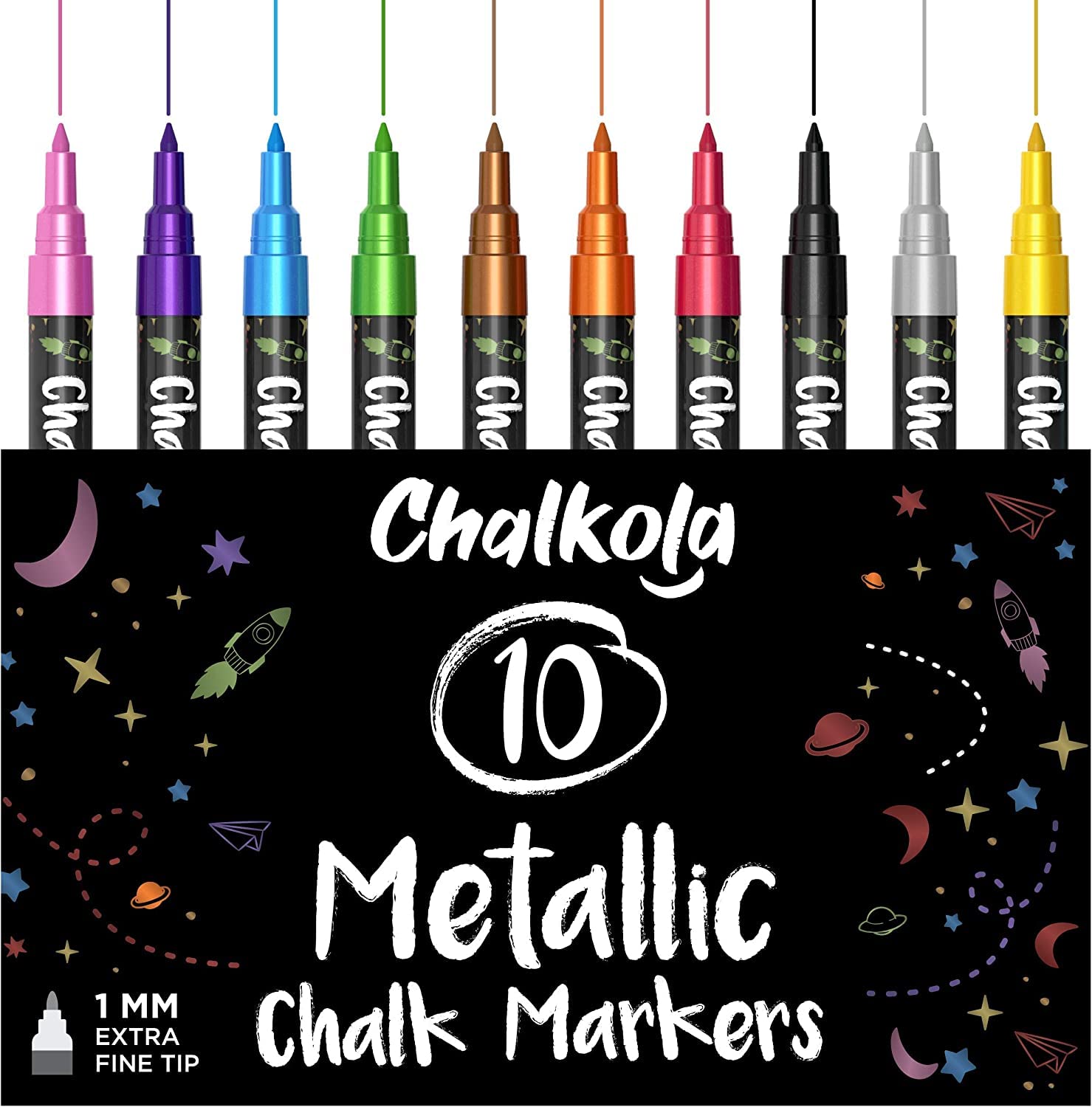 Extra Fine Tip 1mm Metallic Chalk Markers (10 Pack) - Liquid Chalk Pens for Blackboards, Chalkboard Signs, Bistro Menus & Windows - Wet Wipe Erasable - Perfect for Restaurants, Cafes, Classrooms & DIY Projects
