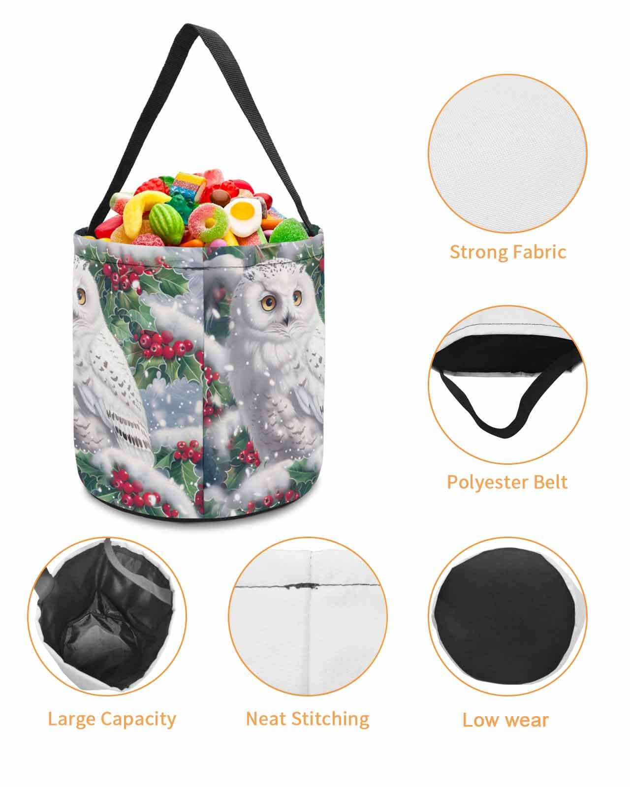 2 Pack Halloween Trick or Treat Candy Bags - Christmas Holly Cartoon White Owl Reusable Collapsible Tote for Holiday Parties, Gift Baskets & Winter Celebrations - Perfect for Candy Storage, Party Favors and Seasonal Decorations