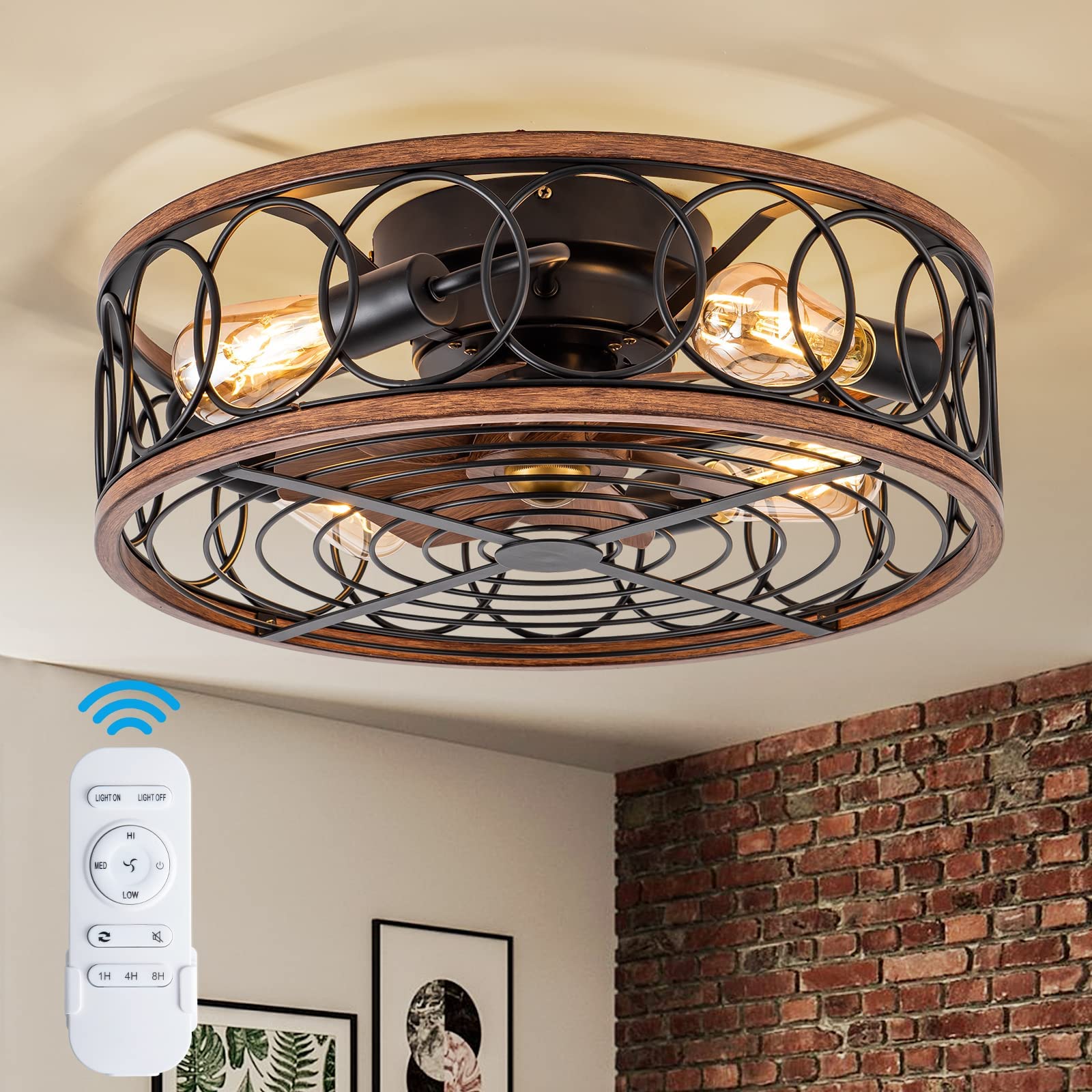 NORFOLK 20'' Bladeless Farmhouse Ceiling Fan with Lights & Remote Control - Low Profile Flush Mount Rustic Cage Lighting (E26 Bulb Base) - Perfect for Bedroom, Living Room, Kitchen, Patio & Outdoor Spaces