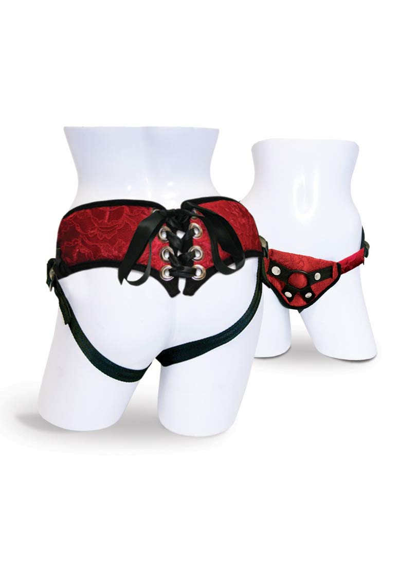 SPORTSHEETS®️ Red Lace Corsette Strap-On Harness - Adjustable Straps for Comfort & Style - Perfect for Role Play, Lingerie & Intimate Moments