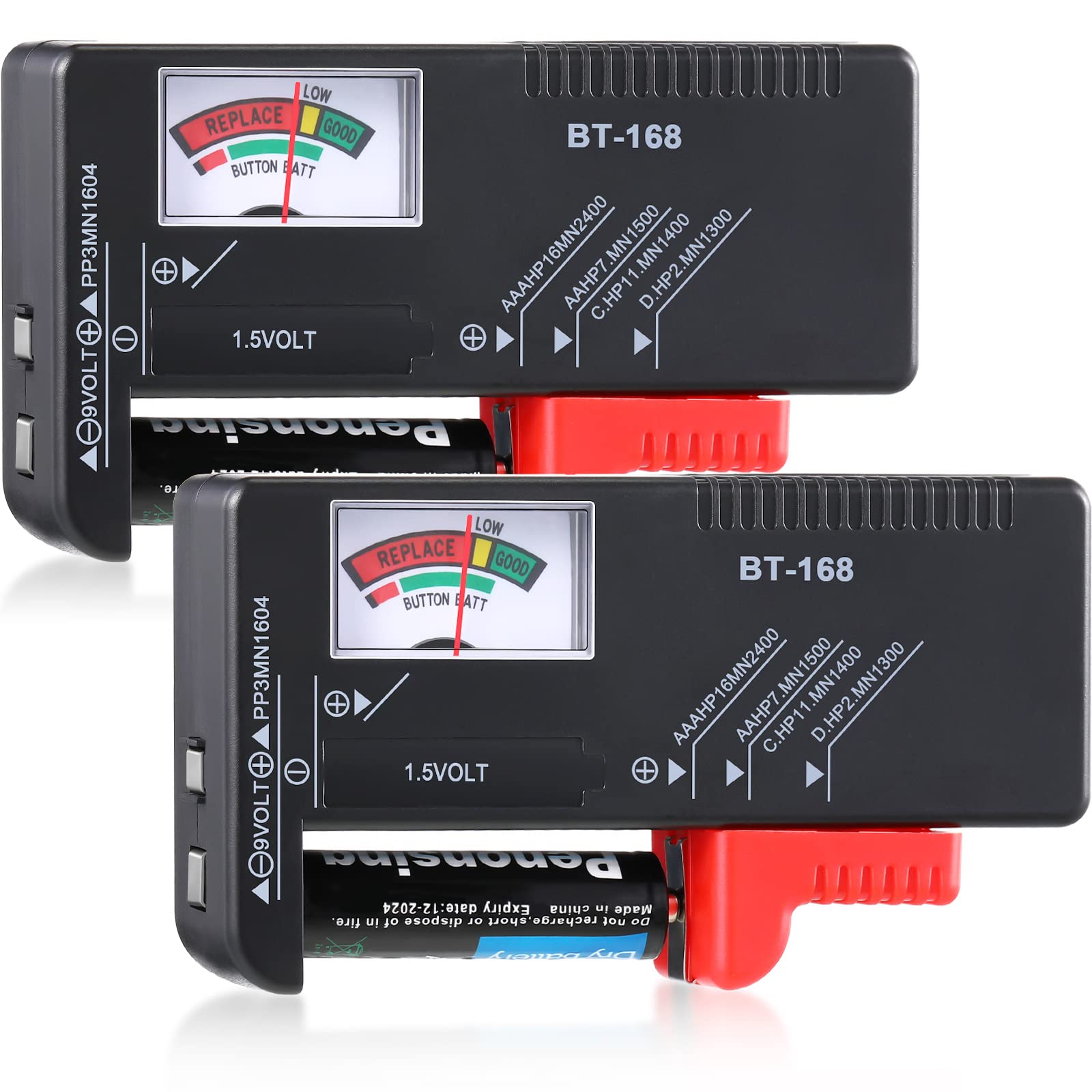 2 Pack Universal Battery Tester - Voltage Checker for AA AAA C D 9V 1.5V & Button Cell Batteries | Home, Office, Travel & Emergency Use