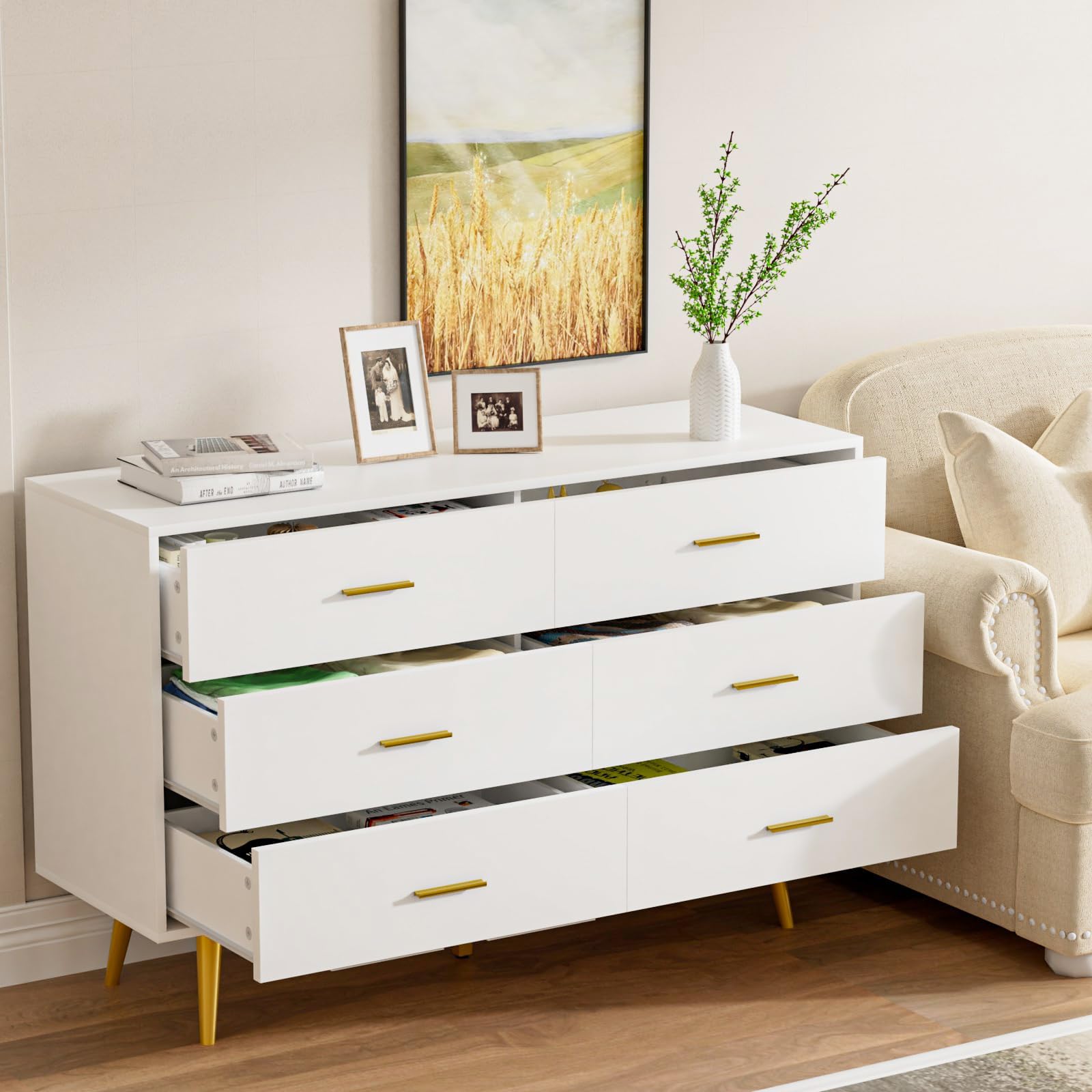 White Dresser for Bedroom - 6 Drawer Chest with Gold Metal Handles, Wide Storage Drawers, Modern Wood Dresser for Hallway, Entryway, Living Room | Perfect for Organizing Clothes, Bedding & Home Decor in Small Spaces