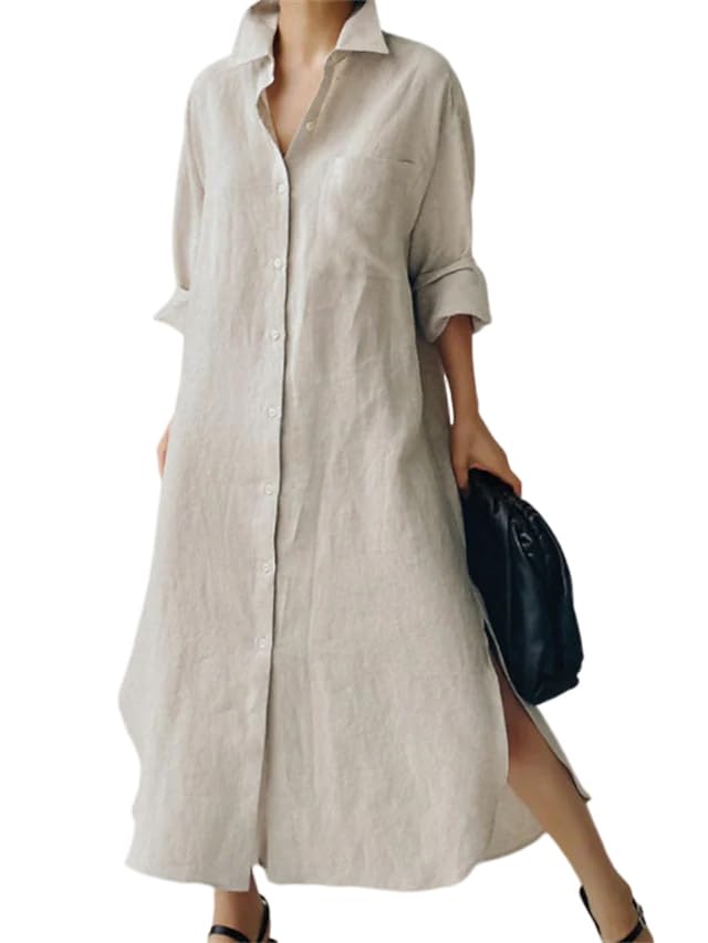 Women's Cotton Linen Long Sleeve Shirt Dress - Spring Summer Casual Midi Dress with Western Buttons | Elegant Office Wear, Weekend Brunch & Date Night Outfits