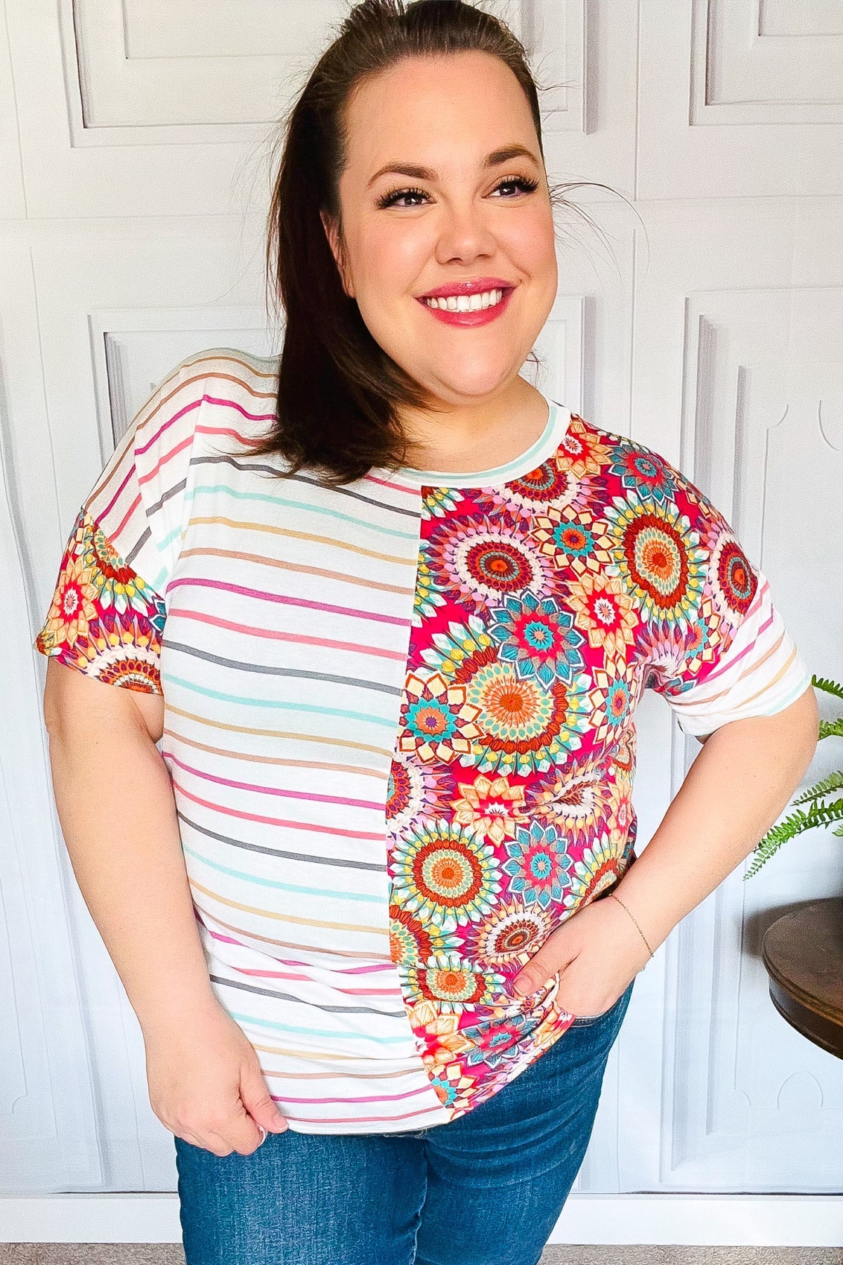 Always Fun Ivory & Fuchsia Stripe Crochet Print Women's Blouse - Casual Summer Tops for Beach, Vacation and Everyday Wear