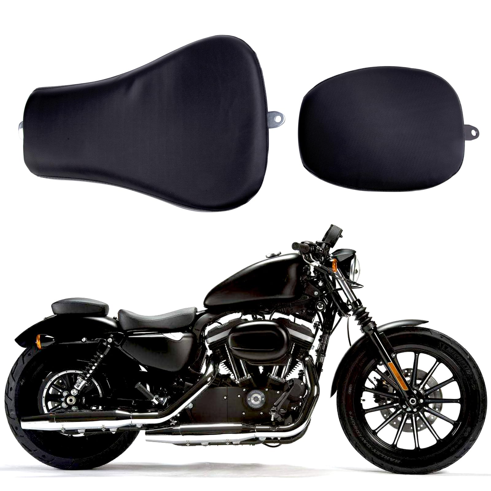 Black Motorcycle Front Driver Solo Seat & Rear Passenger Pillion Pad for Harley Sportster 48/72/Iron 883/XL883/Forty Eight/XL1200/Seventy Two 1200 - Comfortable Riding for Long Distance & City Commuting