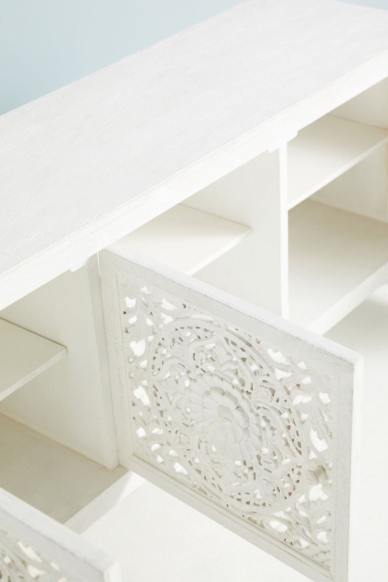 Hand Carved Lombok Media Console in White | Solid Wood Entertainment Center for Living Room, TV Stand with Storage Shelf, Modern Farmhouse Furniture for Home Decor