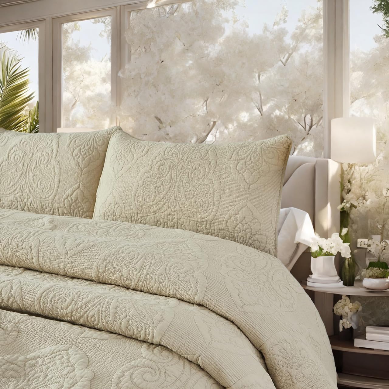 Brandream Queen Size Quilt Set - 100% Cotton Beige Quilted Comforter Set with Luxury Paisley Design, 3-Piece Bedding Set for Master Bedroom, Guest Room & Cozy Home Decor