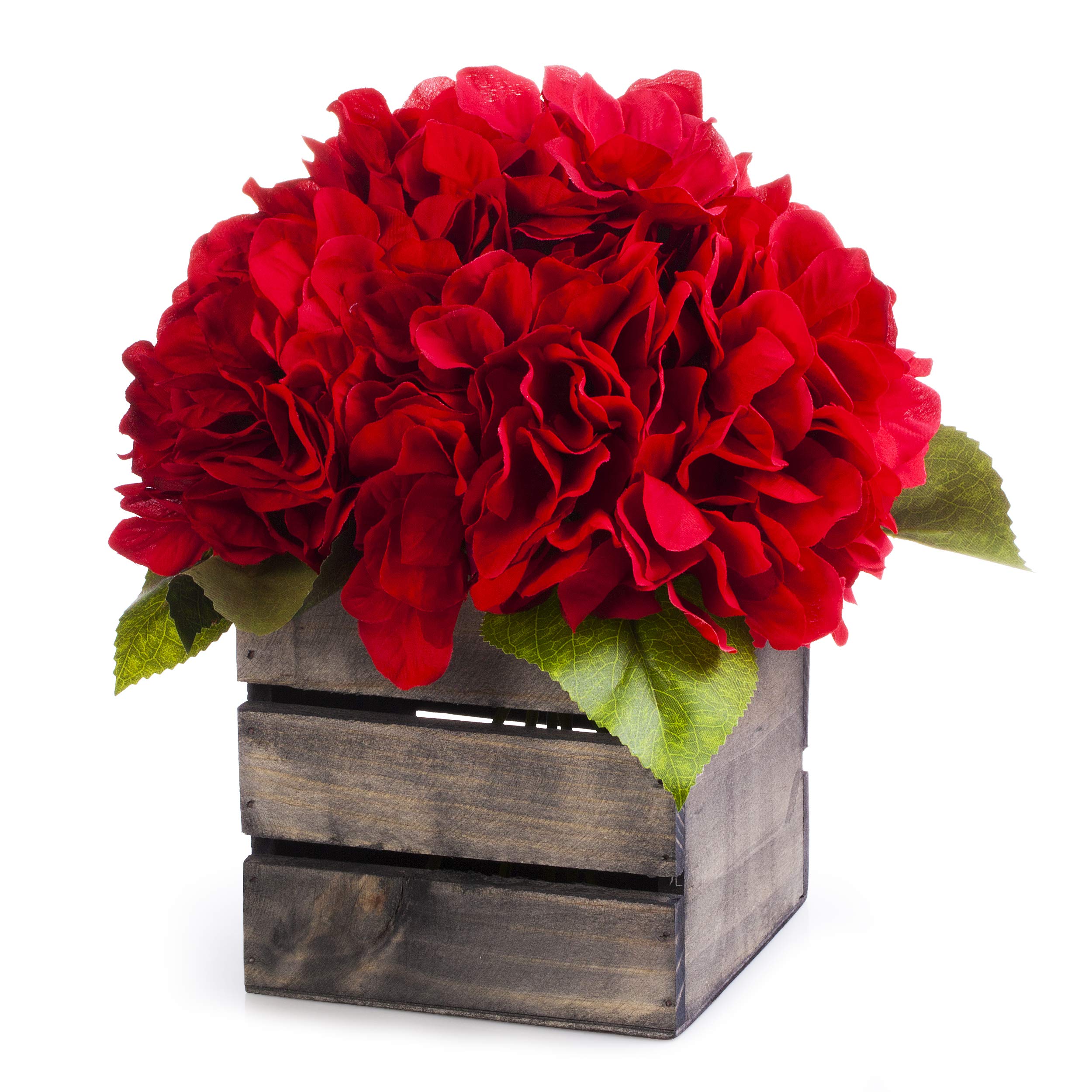 ENOVA HOME Artificial Hydrangea Silk Flowers in Wood Planter - Red Floral Arrangement for Home Decor, Wedding Centerpieces, Table Decorations & Party Decor