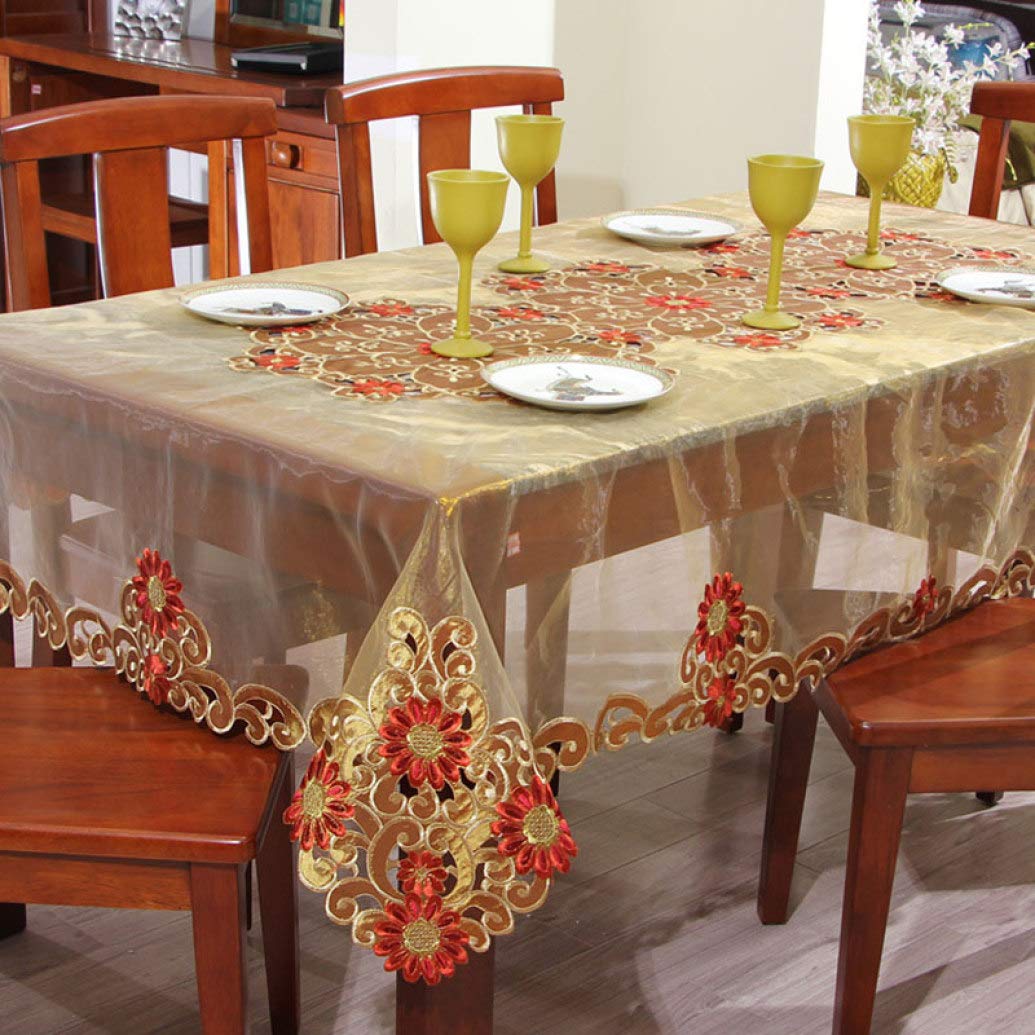 Thanksgiving Embroidered Cutwork Flower Tablecloth - Rectangle Table Topper in Brown & Gold - Elegant Wedding Party Decor, Home Kitchen Dining Table Cover for Holiday Gatherings & Special Occasions