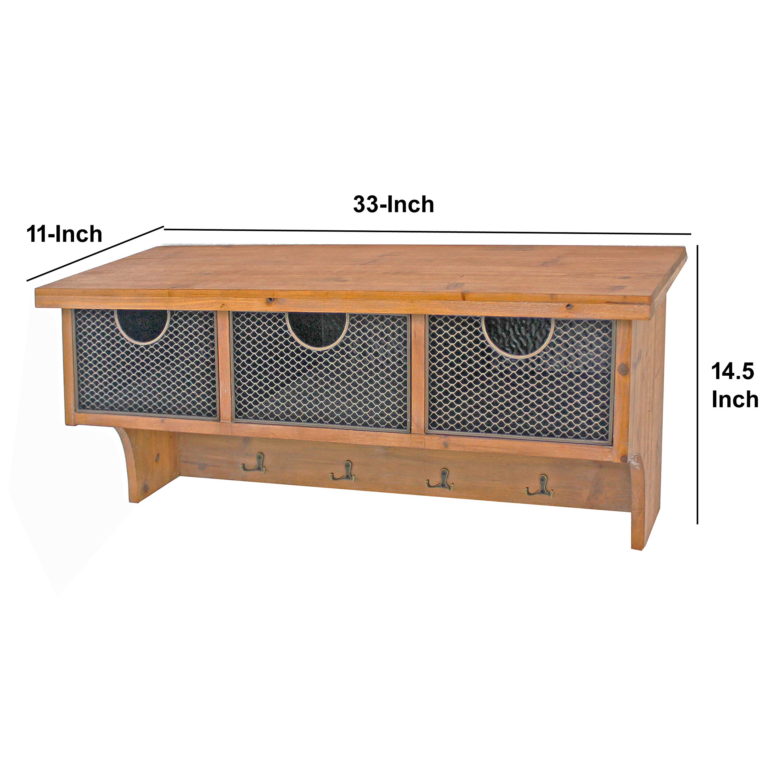 Benjara BM218344 Rustic Wooden Wall Shelf with 4 Hooks & 3 Wire Baskets - Farmhouse Entryway Organizer, Bathroom Storage, Kitchen Decor - 14.5 x 11 x 33 Inches, Brown