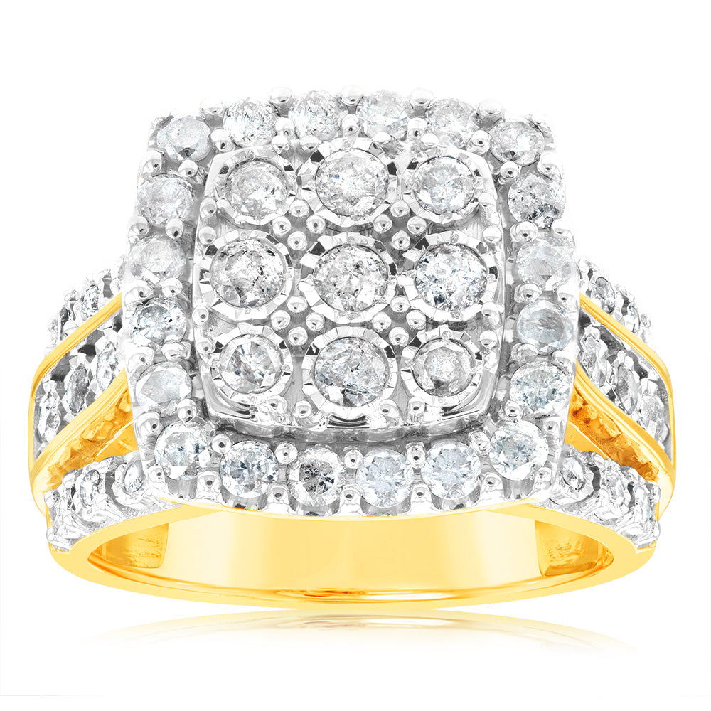 9ct Yellow Gold 2 Carat Diamond Cluster Square Dress Ring for Women - Elegant Evening Party & Wedding Jewelry Gift