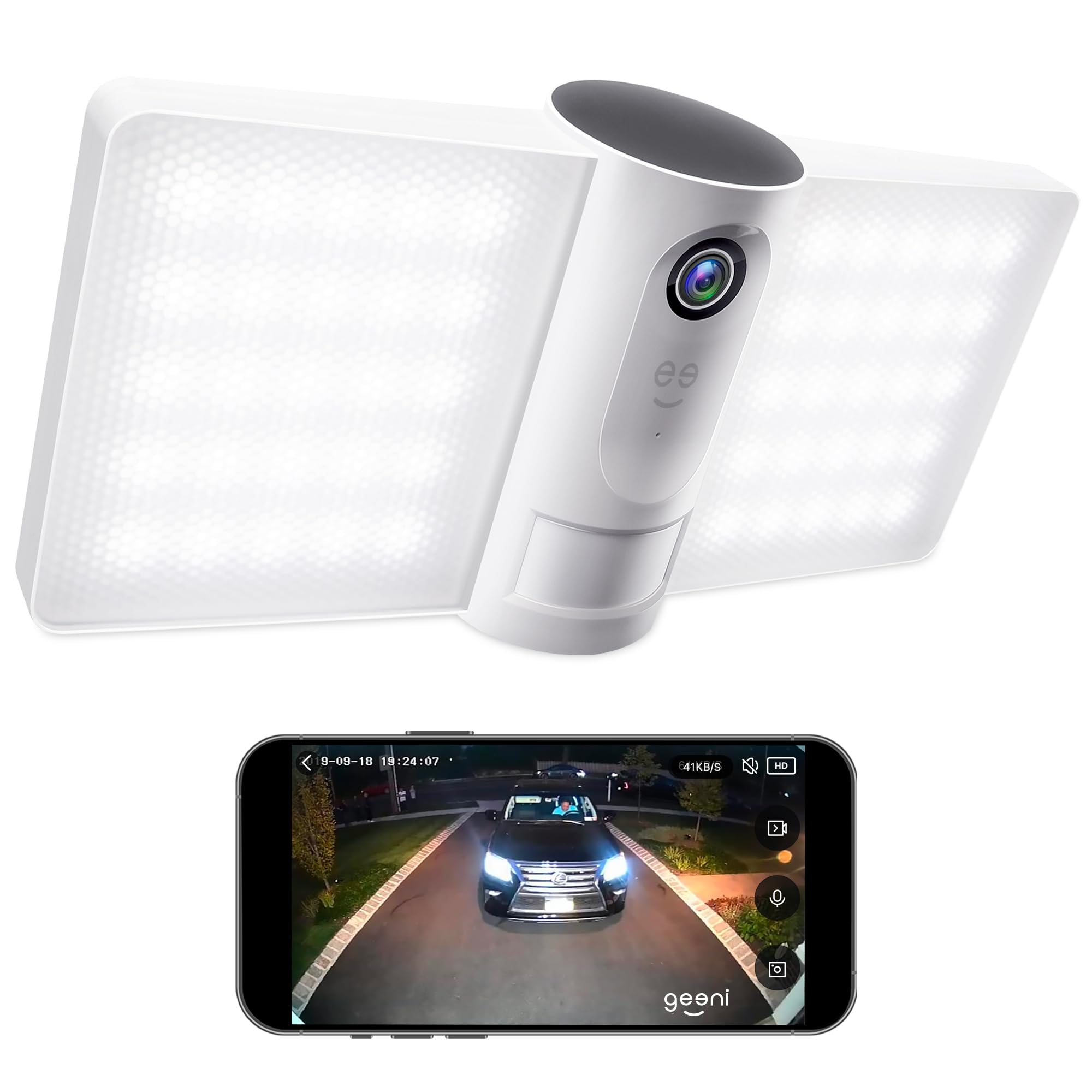 Geeni Smart Floodlight Camera - 1080P HD Security Camera with Motion Sensor, Night Vision, Two-Way Audio | Alexa & Google Assistant Compatible | Weatherproof WiFi Outdoor Camera for Home & Business Surveillance | Perfect for Driveway, Backyard & Garage Security