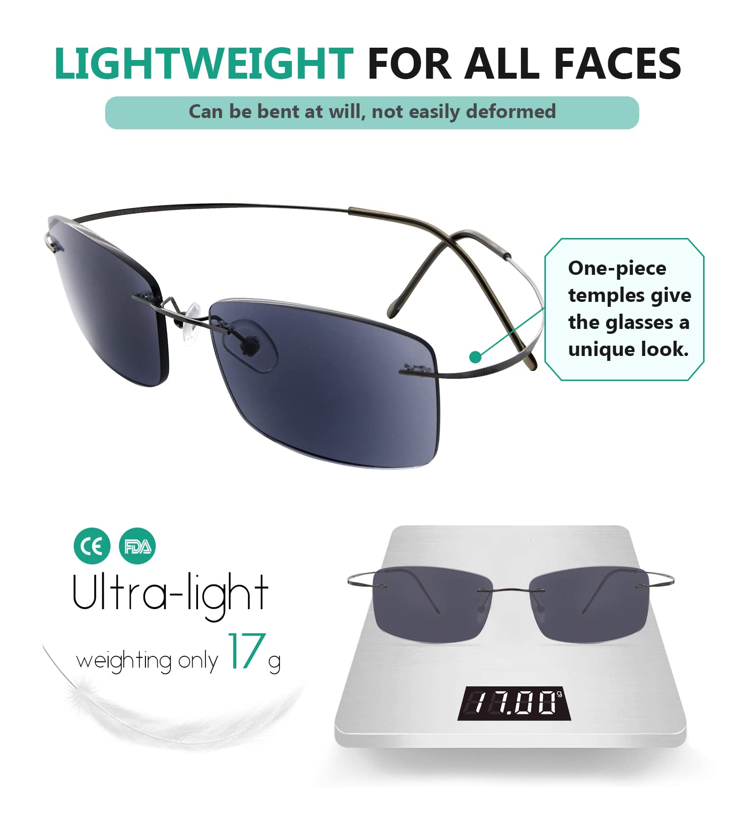 Titanium Rimless Reading Sunglasses for Men +1.75 Strength - Lightweight UV Protection Eyeglasses for Outdoor Activities, Driving & Reading in Sunshine