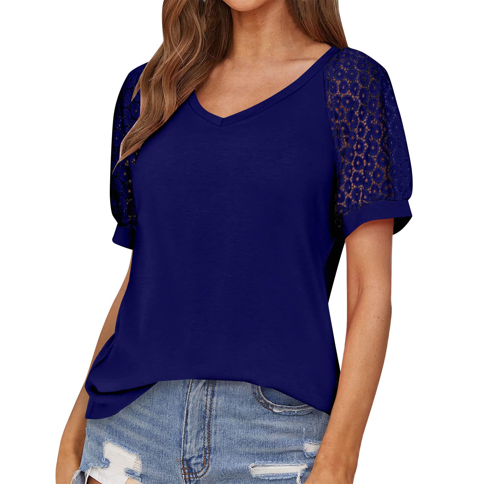 Women's Lace Short Sleeve T-Shirt - Breathable Crochet Blouse with Crew Neck for Summer | Casual & Dressy Everyday Top for Work, Date Night & Outdoor Activities
