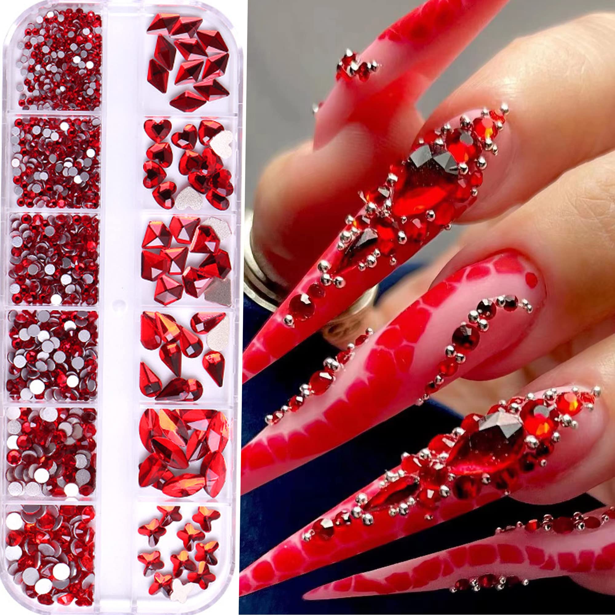 BELICEY 810PCS Red Nail Rhinestones Kit - Multi-Shape Nail Gems with Hearts & Butterflies for Nail Art, DIY Crafts, Clothing Decoration | Perfect for Salon Professionals & Home Manicures