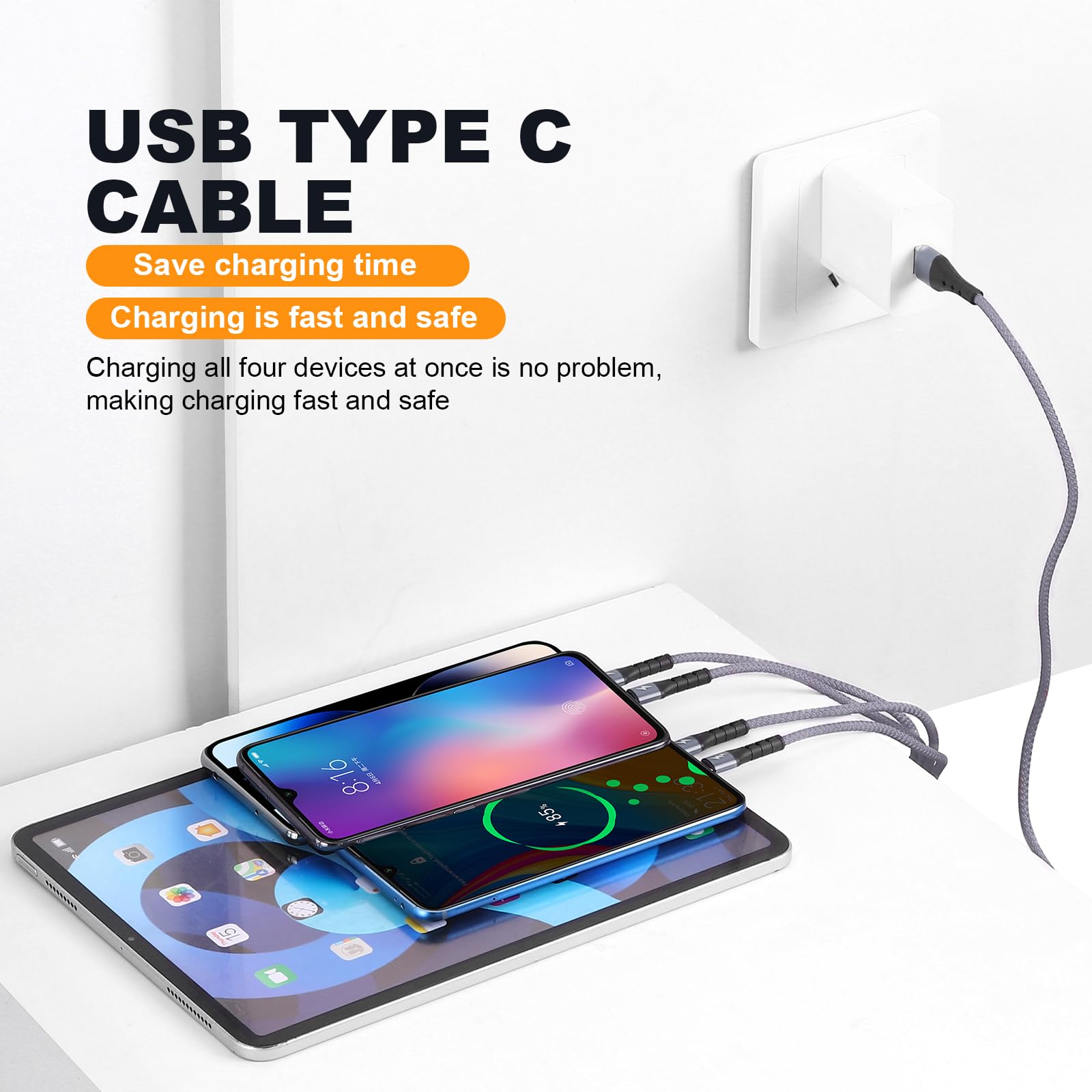 SIQIWO 4-in-1 Multi USB C Fast Charging Cable [4FT 2-Pack] - QC 3.0 3A Type C Splitter with 4 Ports - Compatible with iPhone 16/15 Series, iPad Air/Pro, Samsung Galaxy S24/S23, Google Pixel, PS5 - Perfect for Home, Office & Travel Charging Multiple Devices Simultaneously