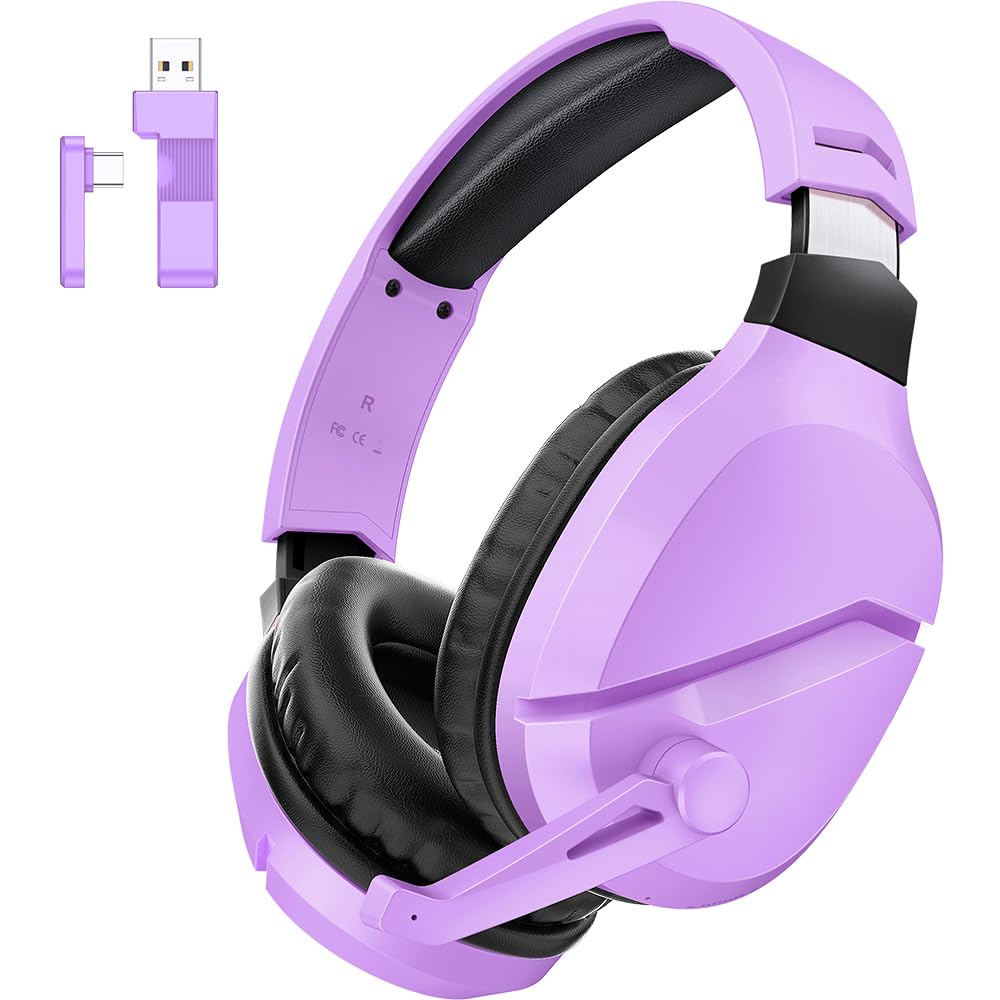 Wireless Gaming Headset with Noise Canceling Mic for PS5, PC, PS4 - 2.4G/Bluetooth Headphones with USB & Type-C - Wired Controller Mode (Purple) - Perfect for Competitive Gaming & Online Chat