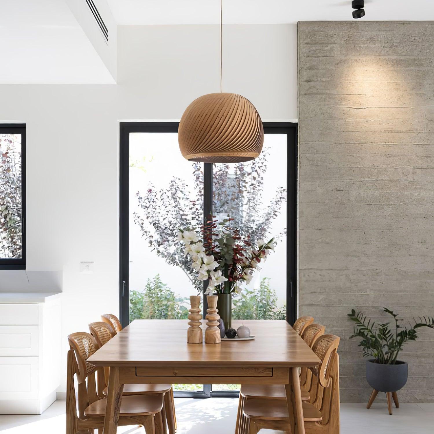 Aurora Whorl Wood Pendant Lamp - Handcrafted Wooden Hanging Light Fixture for Dining Room, Bedroom, or Living Room Decor - Natural Boho Style Ceiling Light for Home and Office