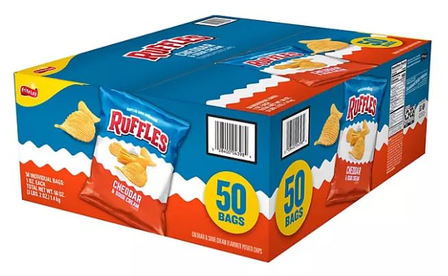 Ruffles Cheddar & Sour Cream Potato Chips - 50 Count Bulk Bags - Perfect for Parties, Snacking & Vending Machines