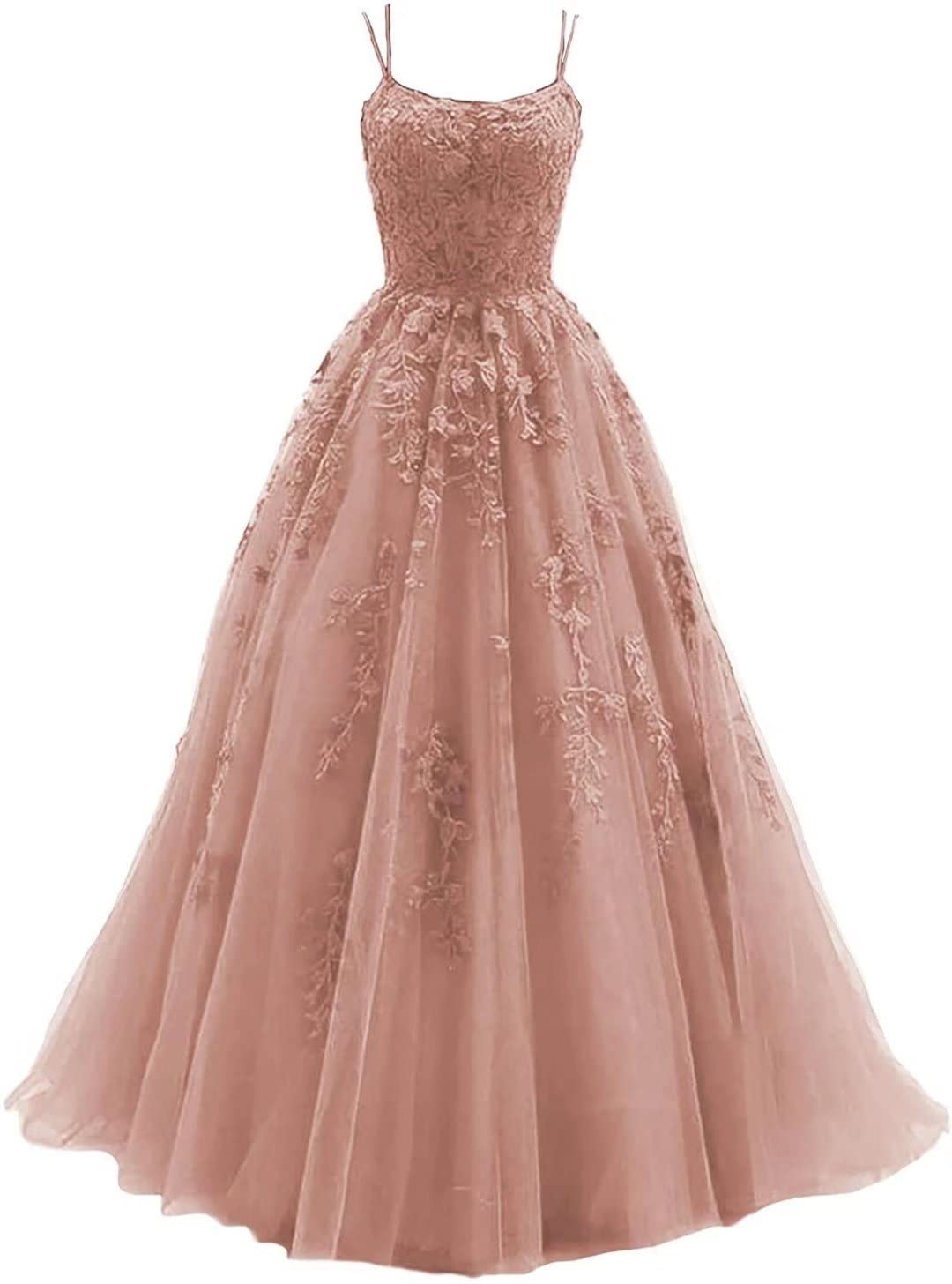 Elegant Women's Lace Applique Tulle Prom Dress - Long Ball Gown with Spaghetti Straps & Backless Design for Formal Evening Parties, Homecoming, Wedding Guest & Special Occasions