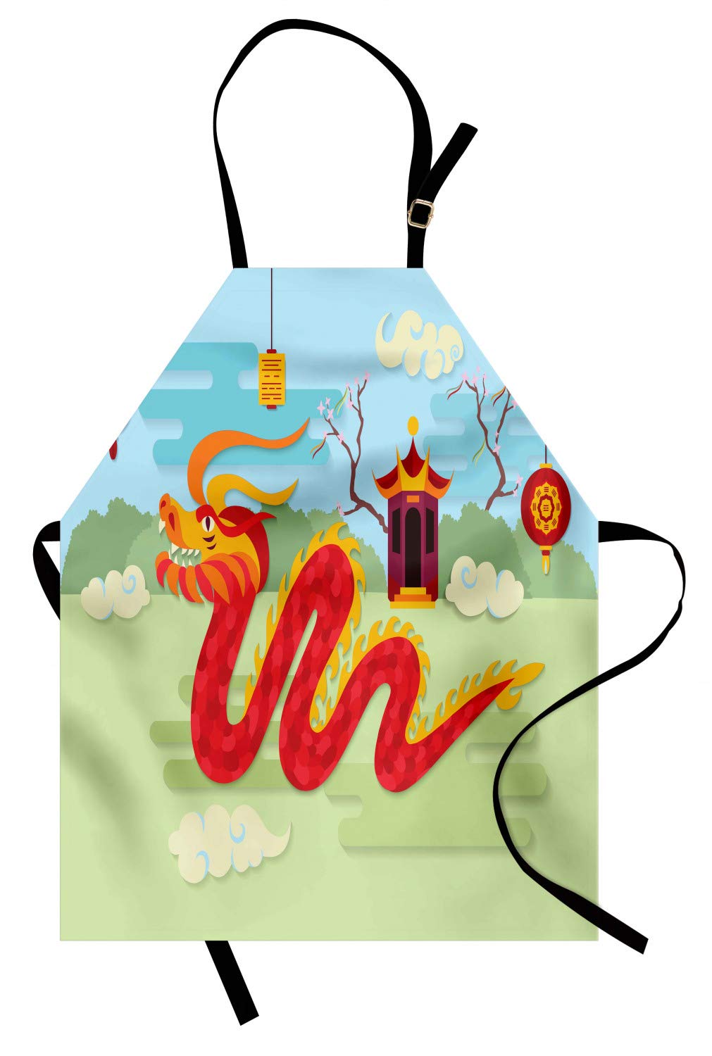 Ambesonne Dragon Apron - Chinese Pavilion Design for Cooking, Baking, Gardening
