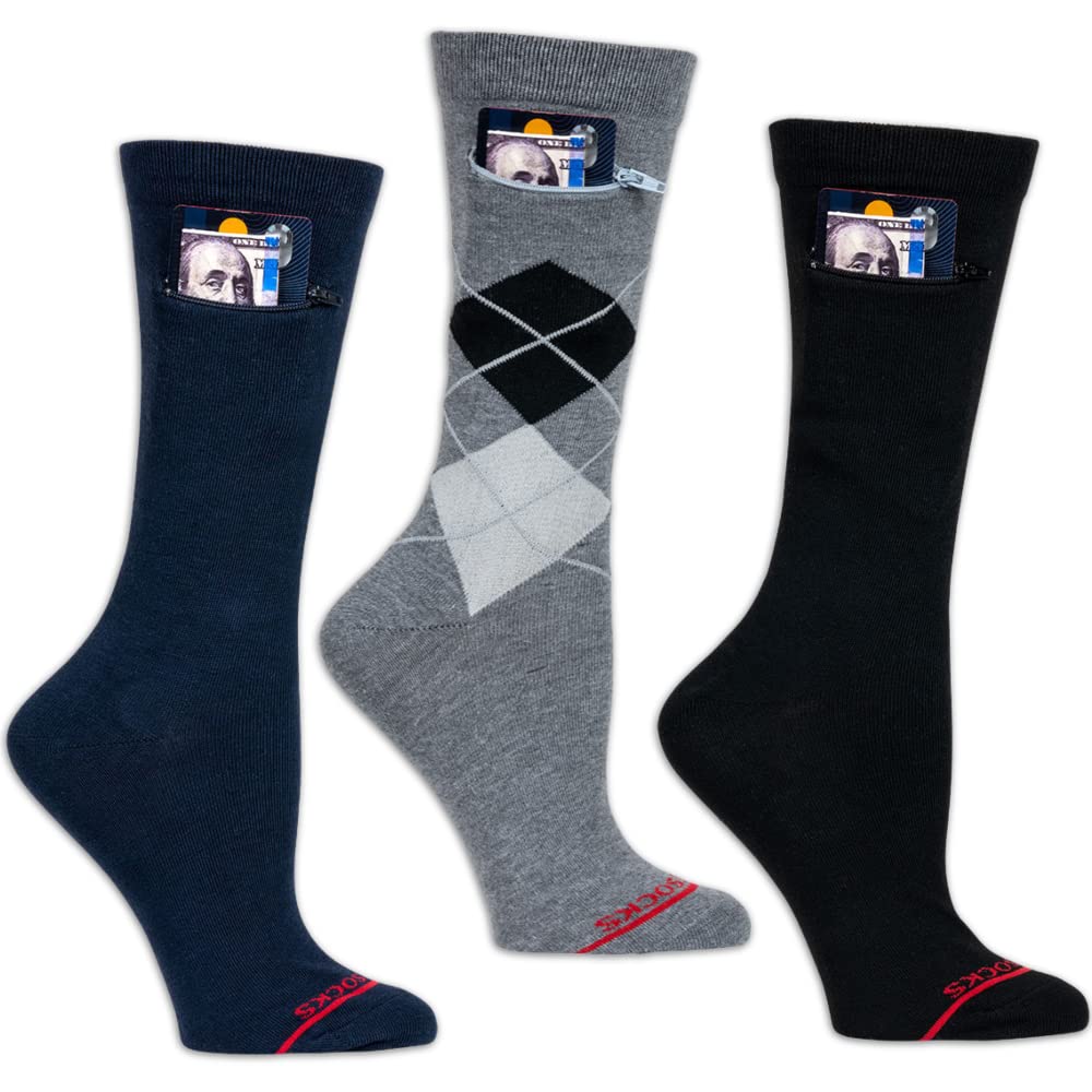 Moisture Wicking Anti Pickpocket Crew Socks for Women & Men with Hidden Pocket - Travel, Hiking & Everyday Wear Dress Socks
