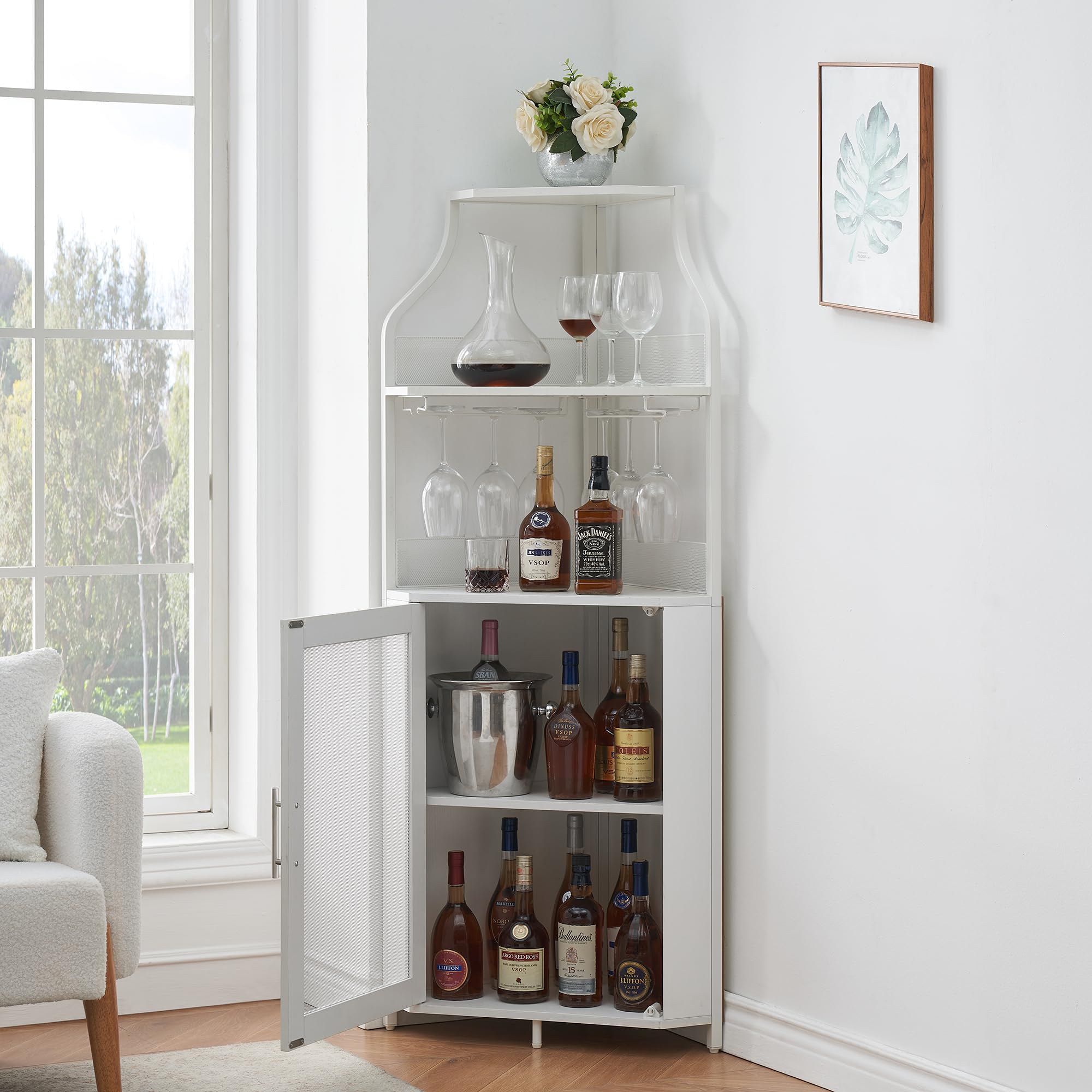 IdealHouse White Corner Bar Cabinet with Large Storage, Detachable Wine Rack & Glass Holder - Mesh Door Wine Cabinet for Dining Room, Living Room & Kitchen | Perfect for Home Entertaining & Space-Saving Storage