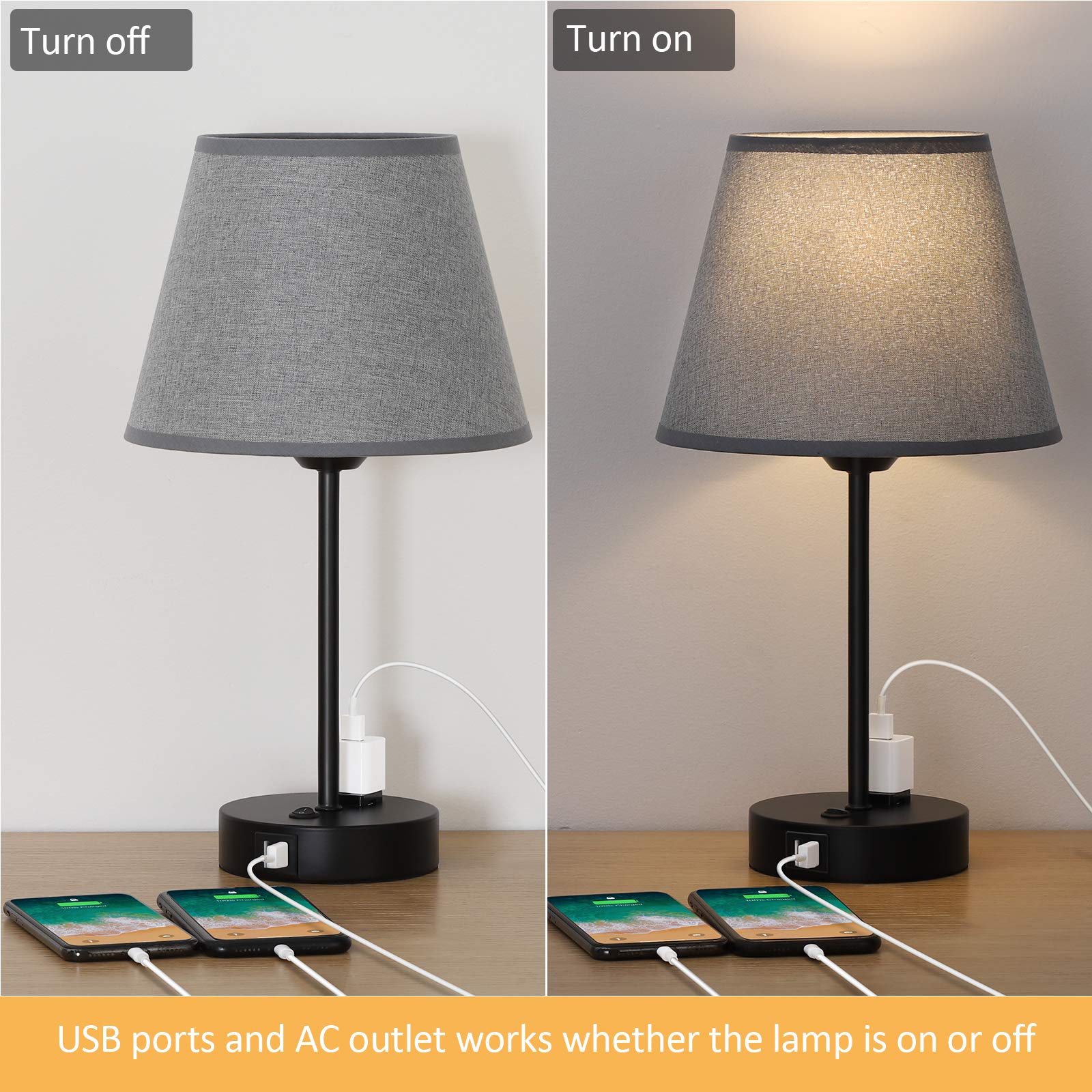 Modern USB Bedside Table Lamps with 2 Charging Ports & AC Outlet - Set of 2 LED Nightstand Lamps for Bedroom, Living Room, Study - Perfect for Reading, Working & Charging Devices