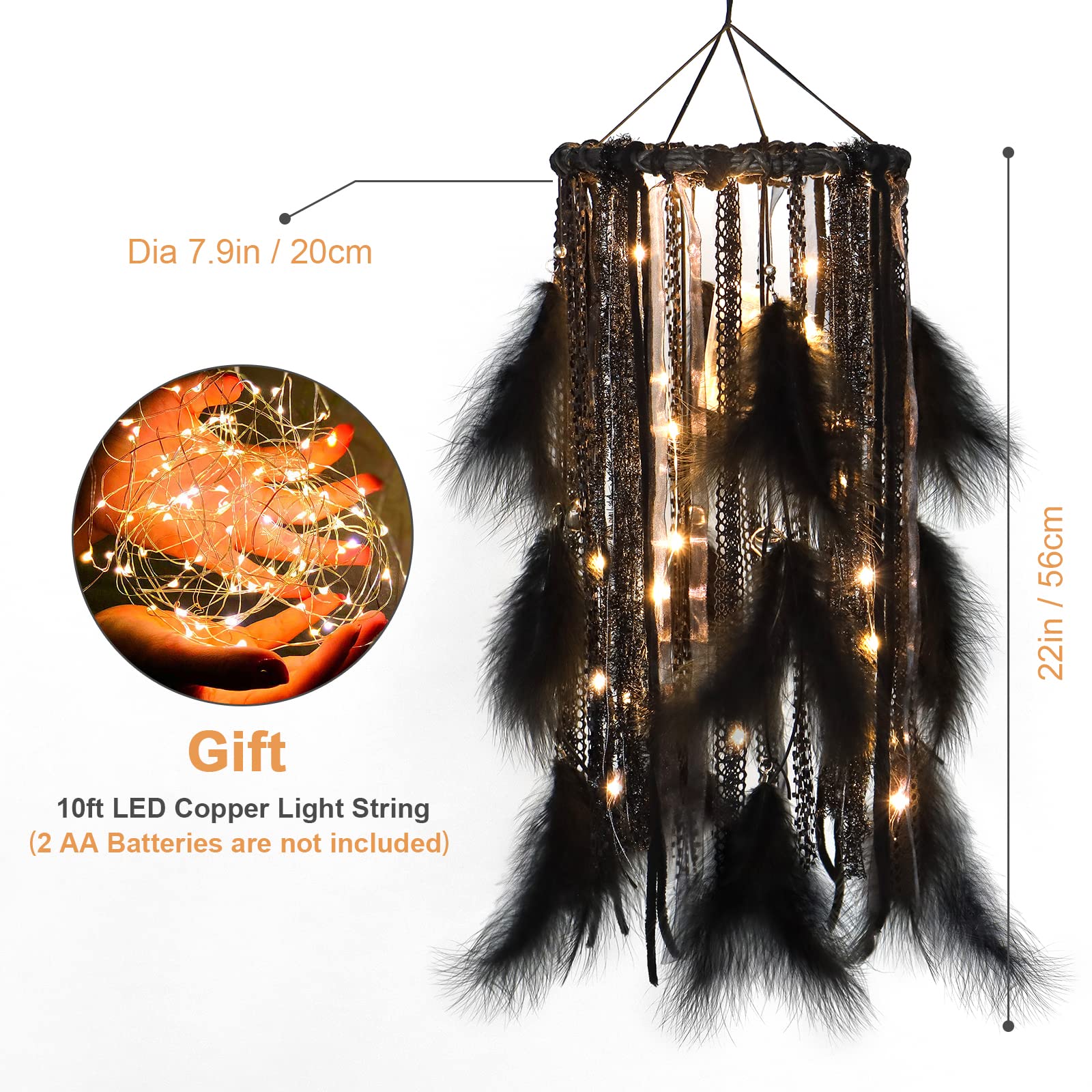 Large LED Light Up Dream Catcher with Black Shining Lace & Bells - 7.9
