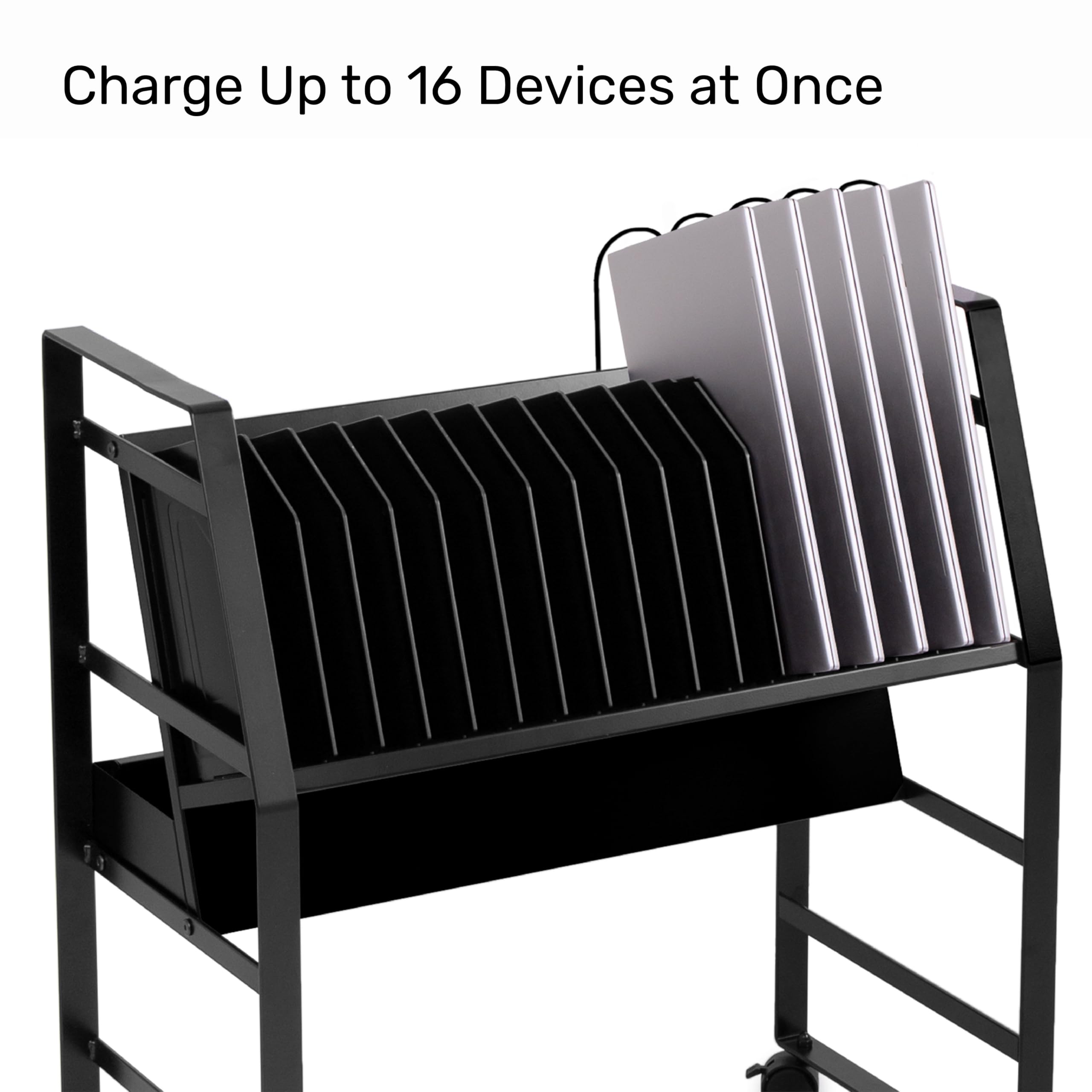 16-Device Mobile Charging Station with UL-Certified Surge Protection | Steel Rolling Cart for Laptops, Tablets & Chromebooks | Open Design with Dividers | Portable Charging Stand (Black) - Perfect for Schools, Offices & Libraries